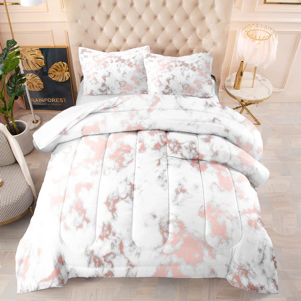TiuZelf Queen Size Marble Pattern Comforter Set - Rose Gold & White Textured Down Alternative Bedding | 3-Piece Set Includes 1 Comforter & 2 Pillowcases | Lightweight, Warm & Soft for All Seasons | Perfect for Master Bedroom, Guest Room & Luxury Hotel Decor