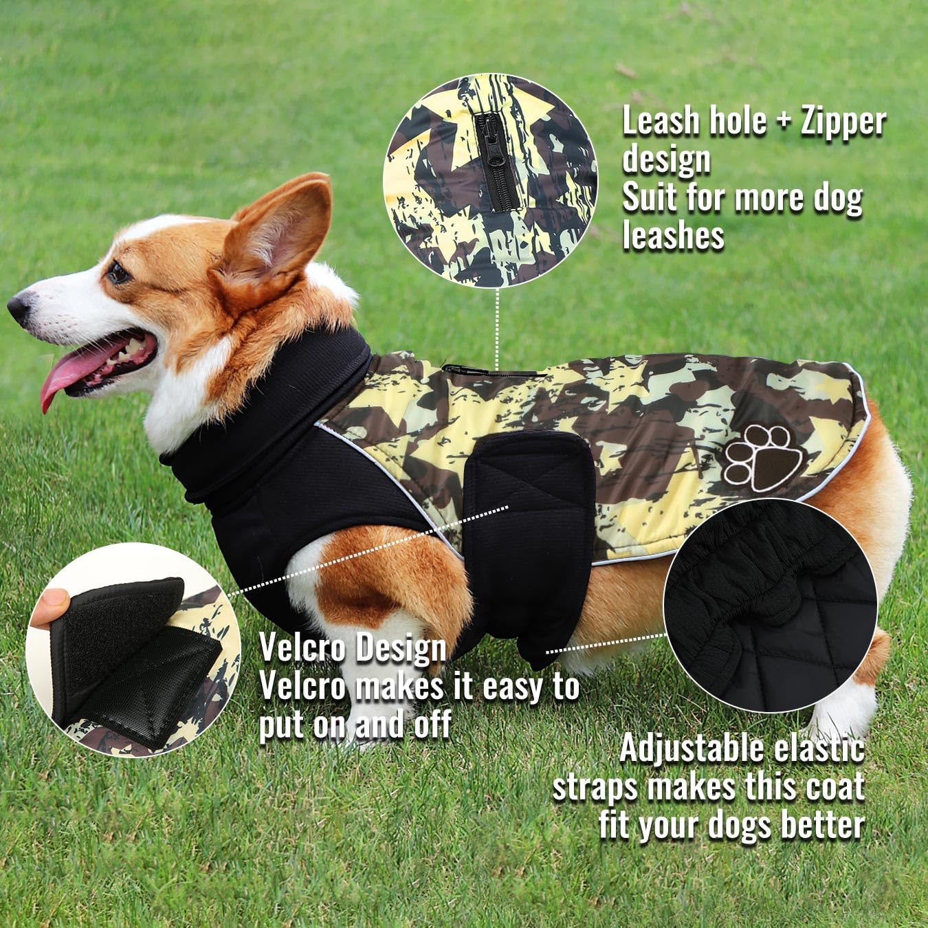 ALAGIRLS Thick Padded Winter Dog Jacket with Harness - Windproof Warm Dog Coat for Small Medium Large Dogs - Brown Star Camo - Perfect for Outdoor Walks & Cold Weather Protection