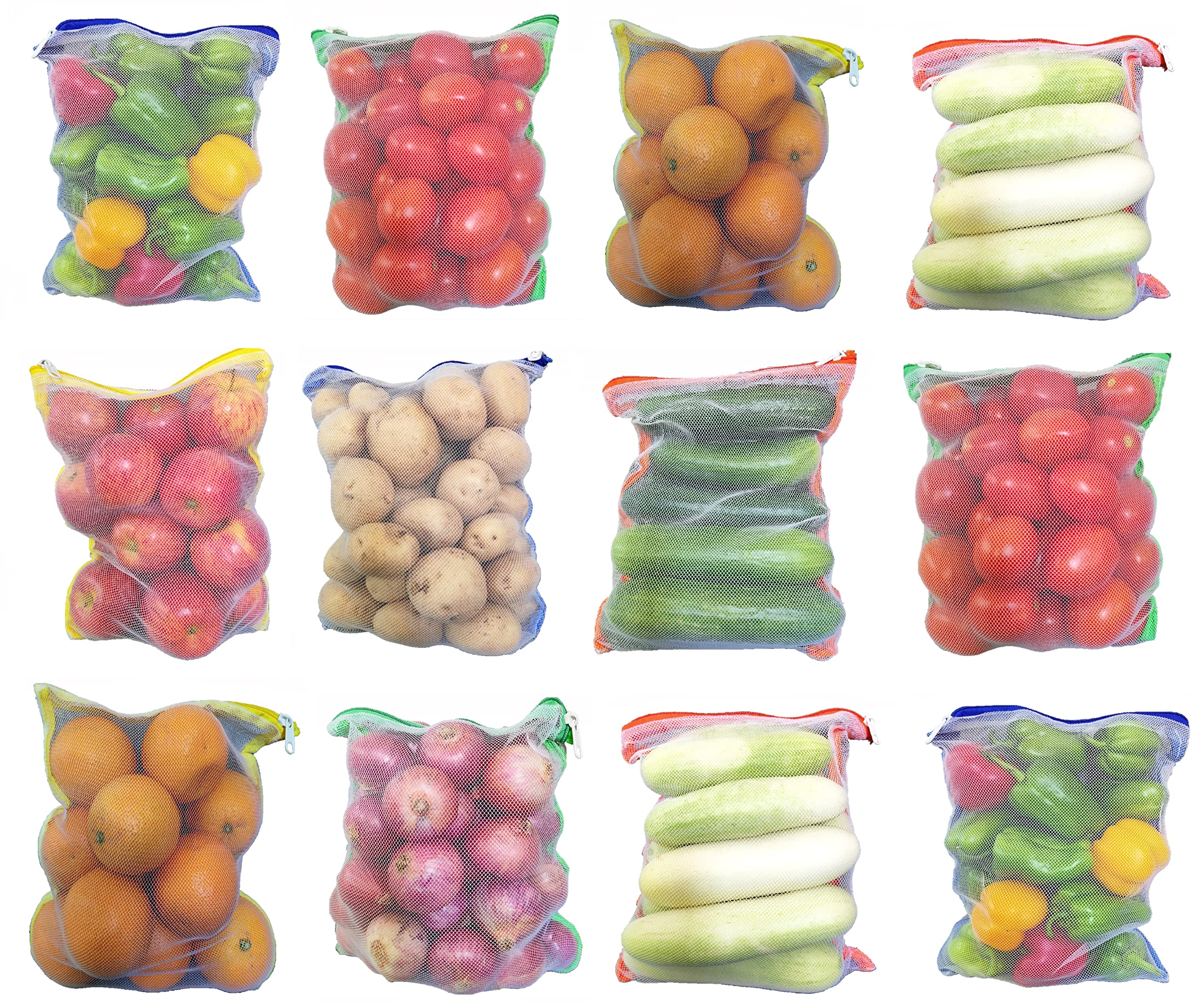 KITSEN Reusable Zip Bags - 12 Pack Multi-Color Food Storage Bags for Fridge Organization | Perfect for Vegetables, Fruits, Meal Prep & Snack Storage