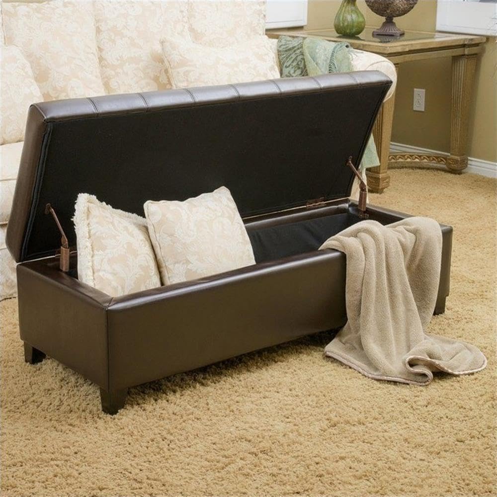 Tufted Bonded Leather Ottoman Storage Bench with Lift Top - Brown Leather Footstool, Coffee Table & Shoe Storage for Living Room, Bedroom & Entryway