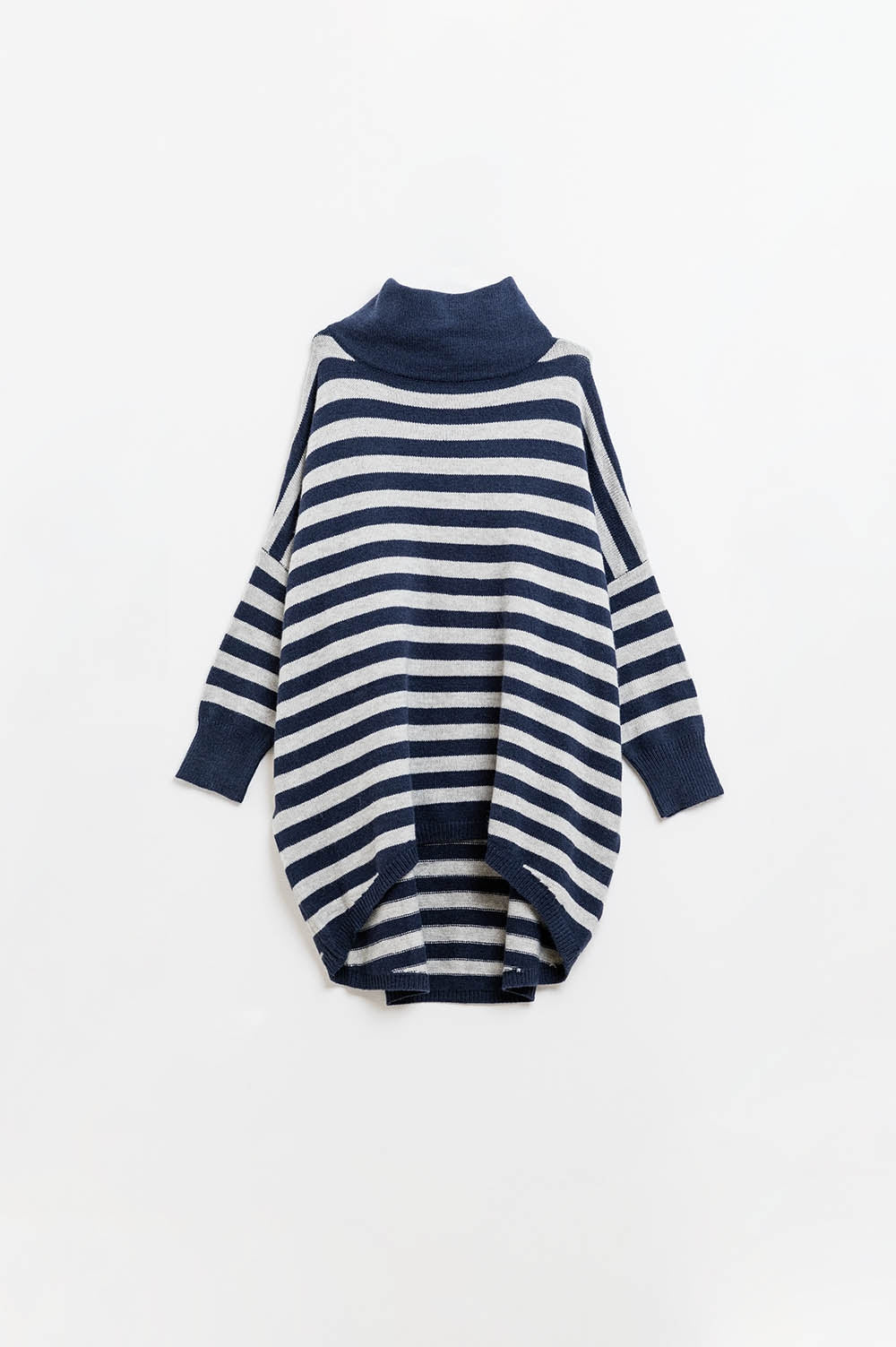 Oversized Batwing Sleeve High Neck Pullover Sweater in Navy Blue & Gray Stripes - Perfect for Casual Outfits, Layering, and Cold Weather Fashion