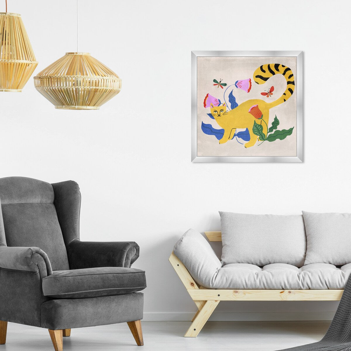 Blonde Tabby Floral Kitten Butterfly Garden Modern Yellow Framed Wall Art Print - Perfect for Bedroom, Nursery & Home Decor