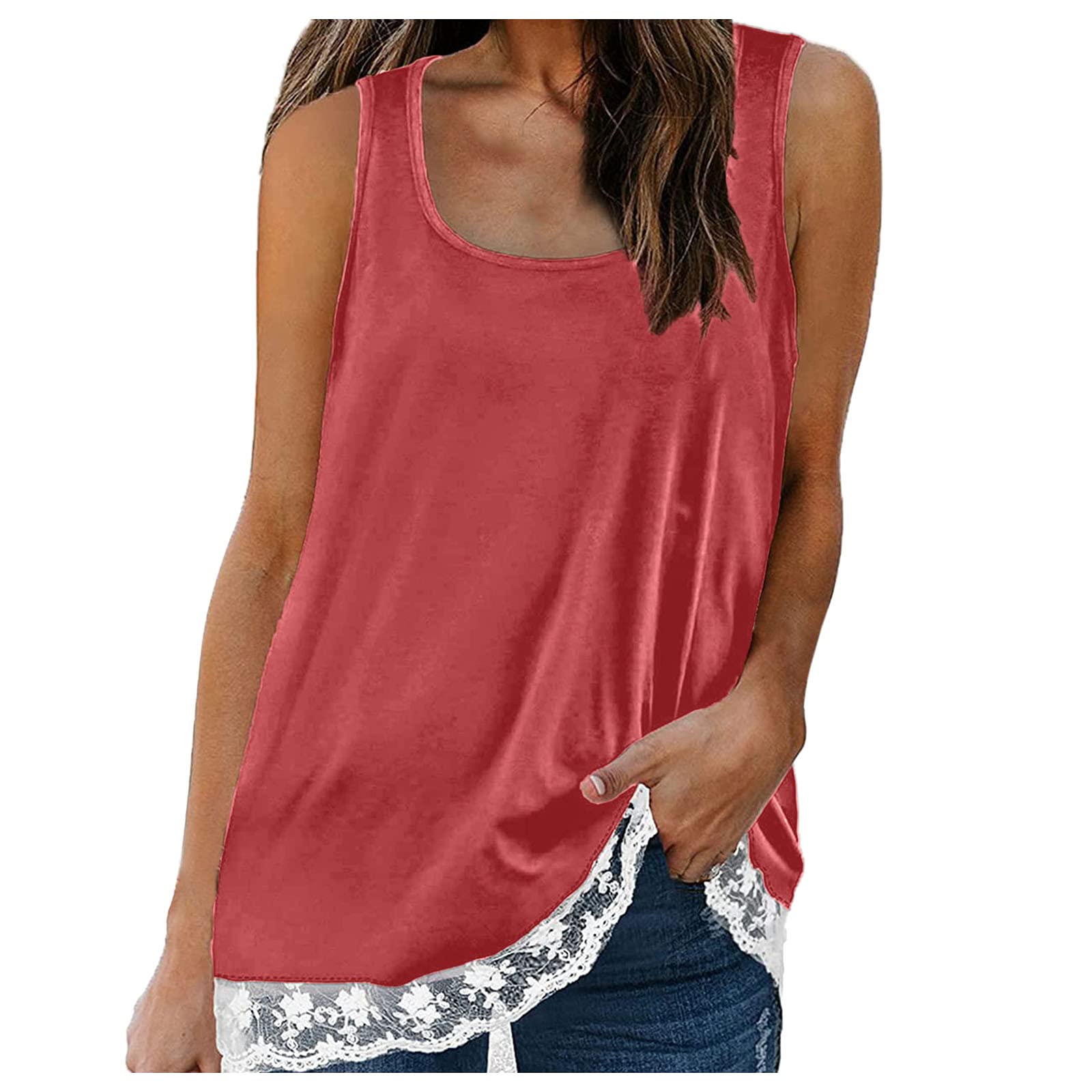 Women's Scoop Neck Lace Trim Tank Tops - Summer Sleeveless Blouses, Loose Fit Casual T-Shirts for Workout, Yoga & Everyday Wear | Breathable Comfort for Gym, Beach & Outdoor Activities