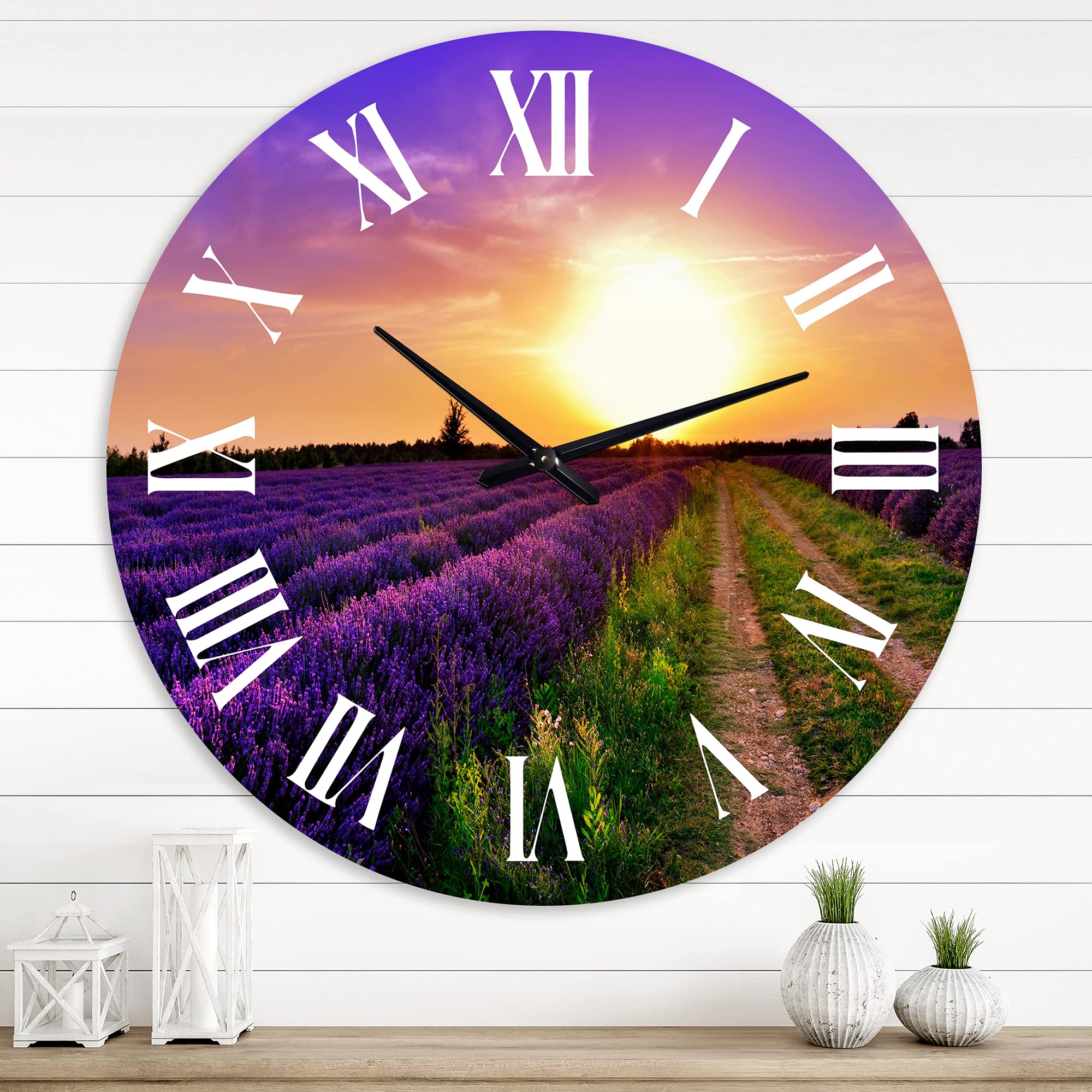 DesignQ Farmhouse Wall Clock - 'Lavender Field at Dawn II' Landscape Nature Decor, Large Rustic Clock for Living Room, Kitchen, Bedroom & Office