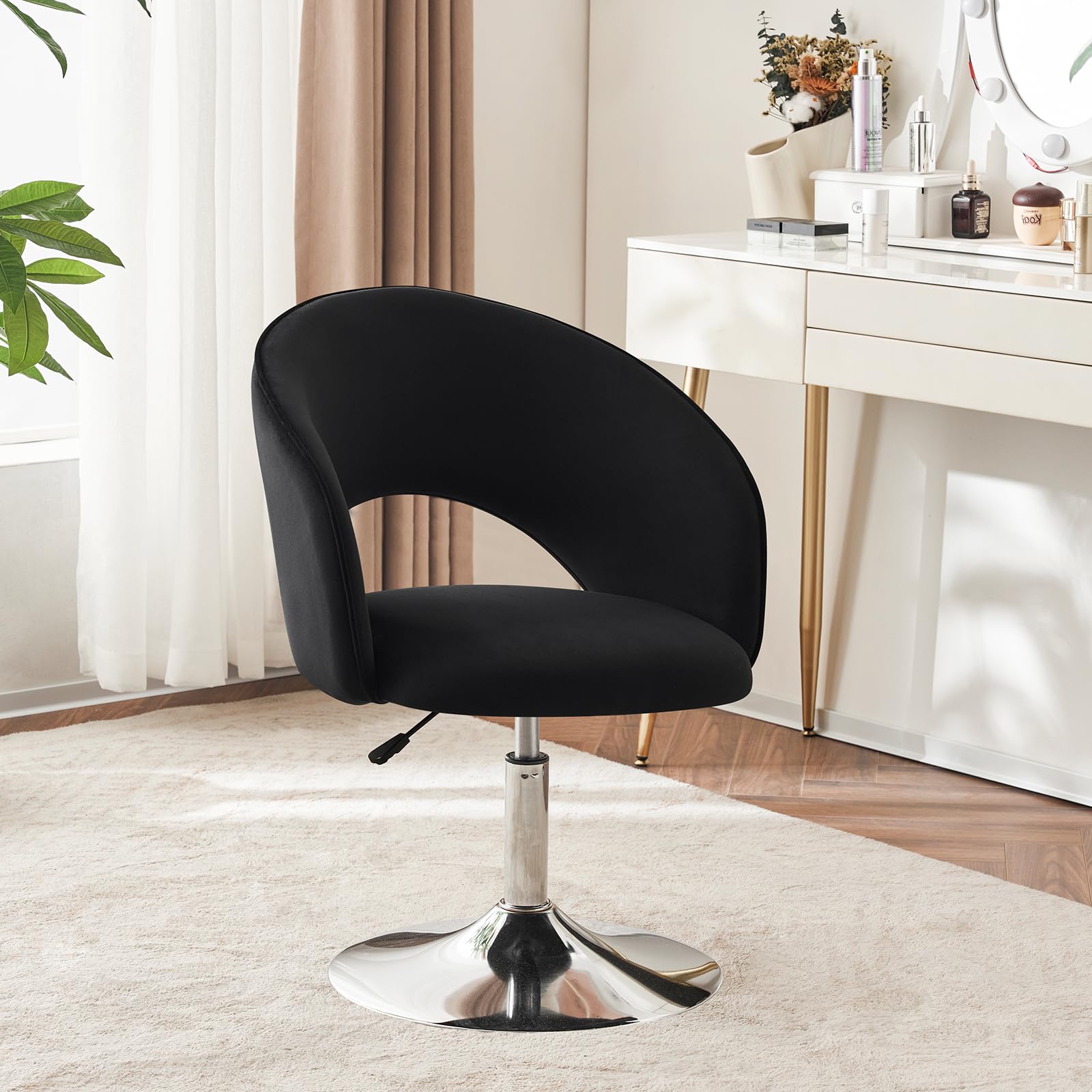 Furnimart Adjustable Black Velvet Vanity Chair with Back - Swivel Makeup Stool with Chrome Frame & Hollow Backrest - Accent Chair for Living Room, Bedroom, Dressing Table - Perfect for Makeup, Reading & Relaxing (Black)