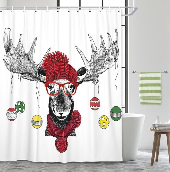 JAWO Funny Christmas Reindeer Shower Curtain with Ornament Ball Hangings - 47x64 Inches Small Bathroom Decor for RV, Stall & Holiday Bathroom Decorations - Perfect for Christmas Party, Winter Home Decor & Festive Bathroom Makeover