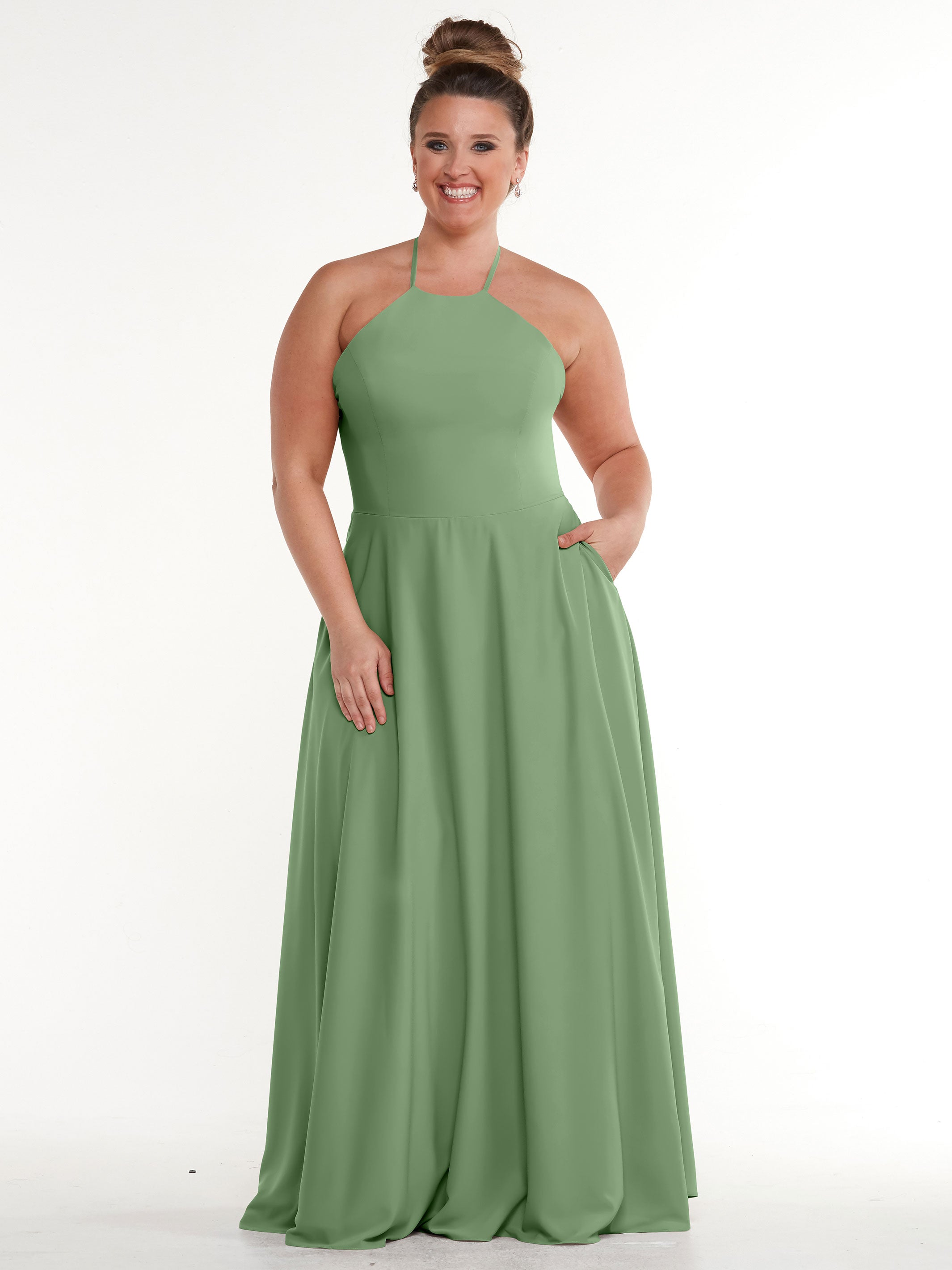 Elegant 83022 Stretch Chiffon Halter A-Line Bridesmaid Dress with Pockets - Perfect for Weddings, Formal Events & Special Occasions