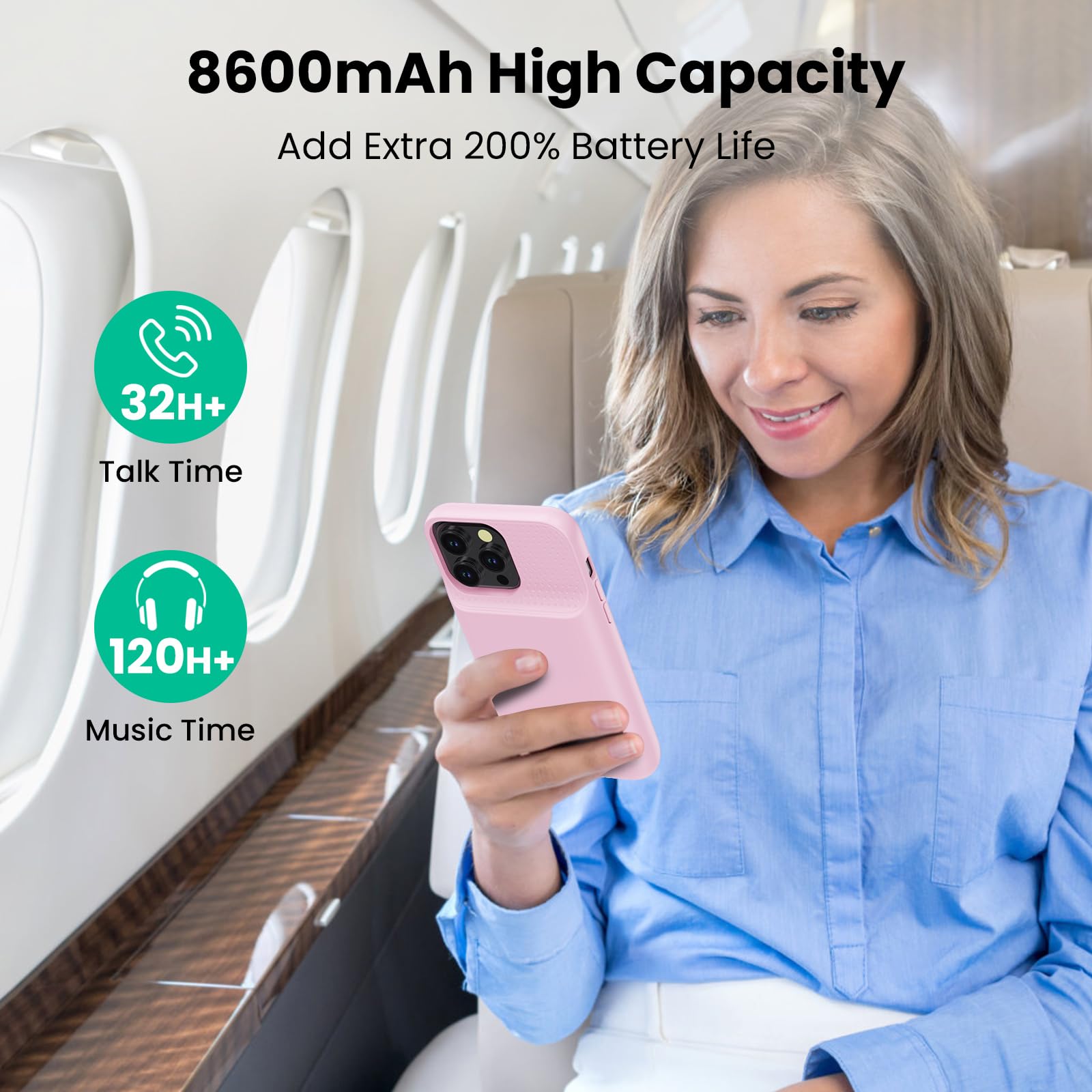 HETP 8600mAh Rechargeable Battery Case for iPhone 12 Pro Max/13 Pro Max/14 Pro Max/14 Plus - Portable External Charger & Power Bank (Pink) | Perfect for Travel, Outdoor Activities & Emergency Charging