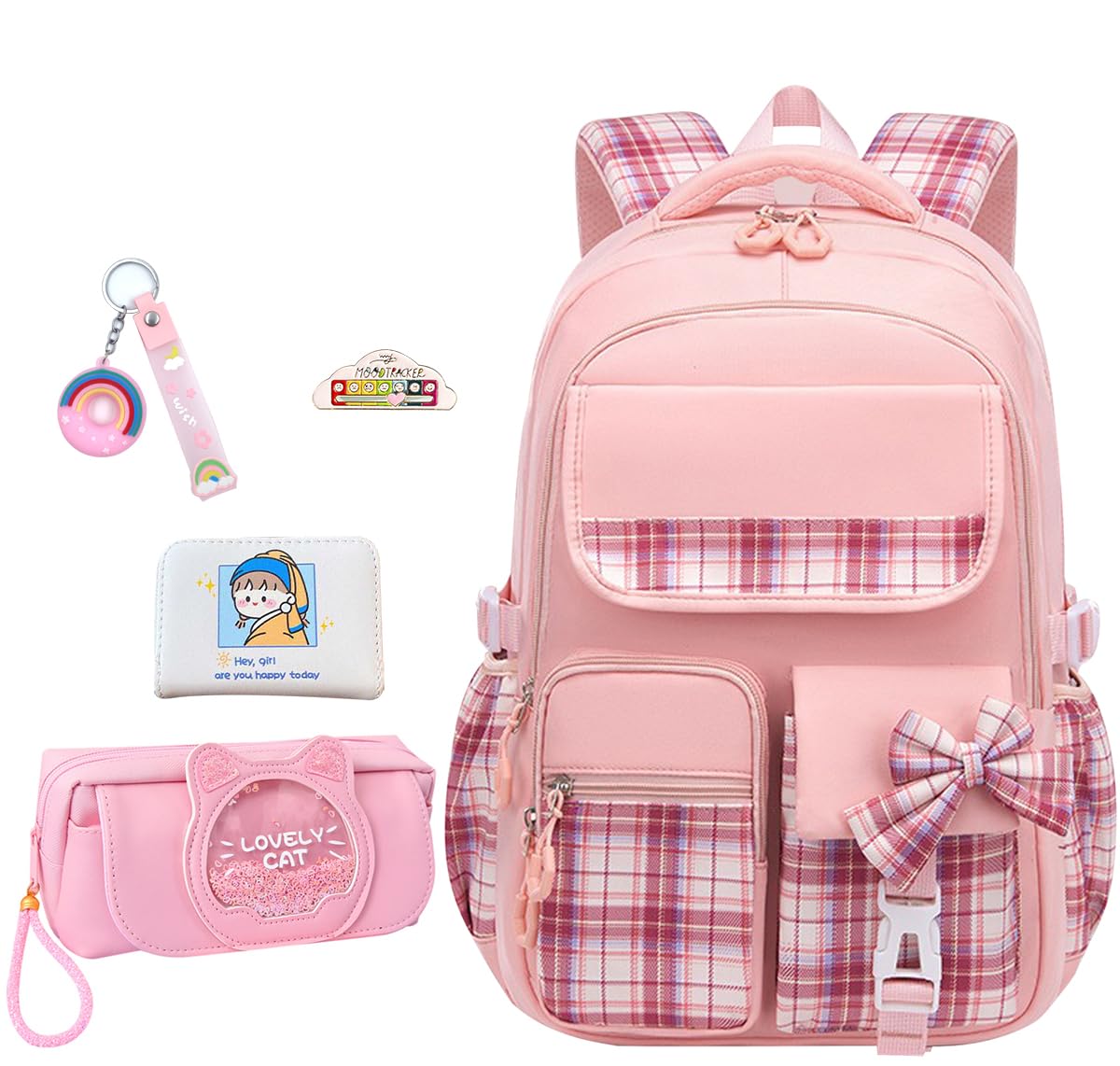 5Pcs Pink Plaid Backpack for School Girls - Cute Kawaii Bookbag for Elementary Students, Teen Kids Daypack for School, Travel & Casual Use (Pink Plaid) - Perfect for Class, Outings & Daily Adventures