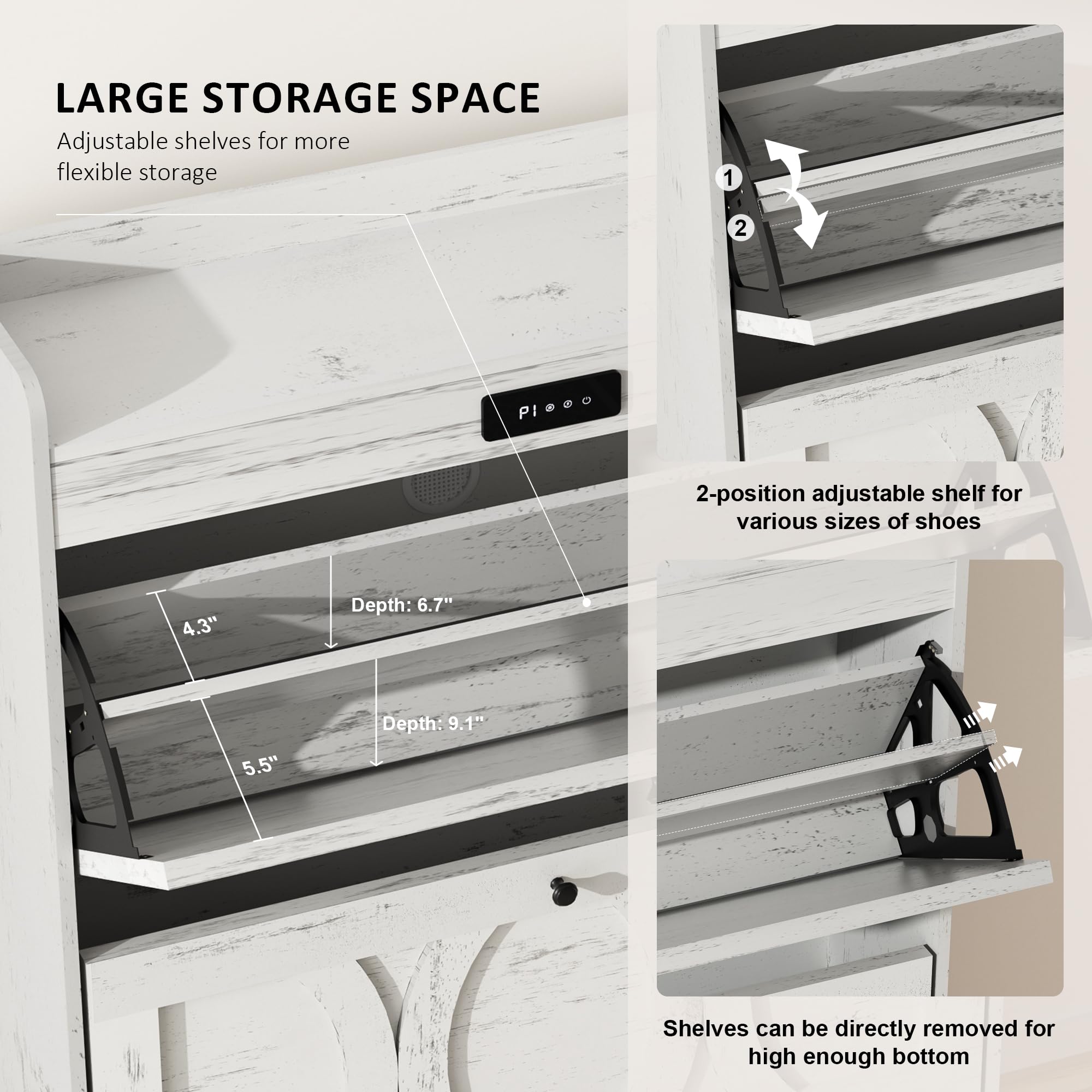 VFF Shoe Storage Cabinet with 2 Flip Drawers - Freestanding Shoe Organizer with Wooden Legs - Narrow Shoe Rack for Hallway, Bedroom & Entryway - Rustic White Finish - Perfect for Small Spaces & Clutter-Free Home Organization