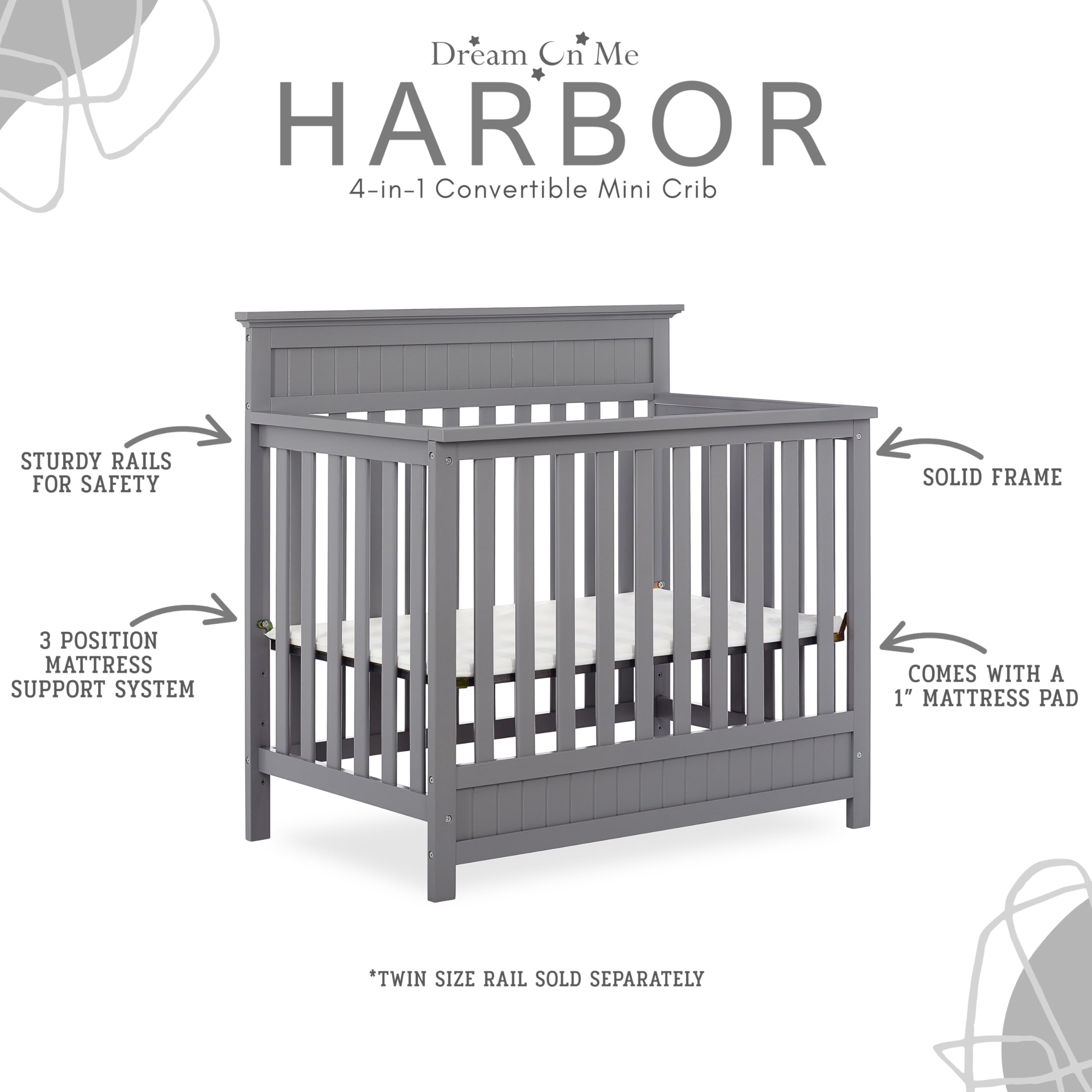 Dream On Me Harbor 4-in-1 Convertible Mini Crib - Storm Grey | GREENGUARD Gold Certified | Space-Saving Nursery Solution for Small Rooms & Apartments | Baby Bed Converts to Toddler Bed, Daybed & Full-Size Bed Frame