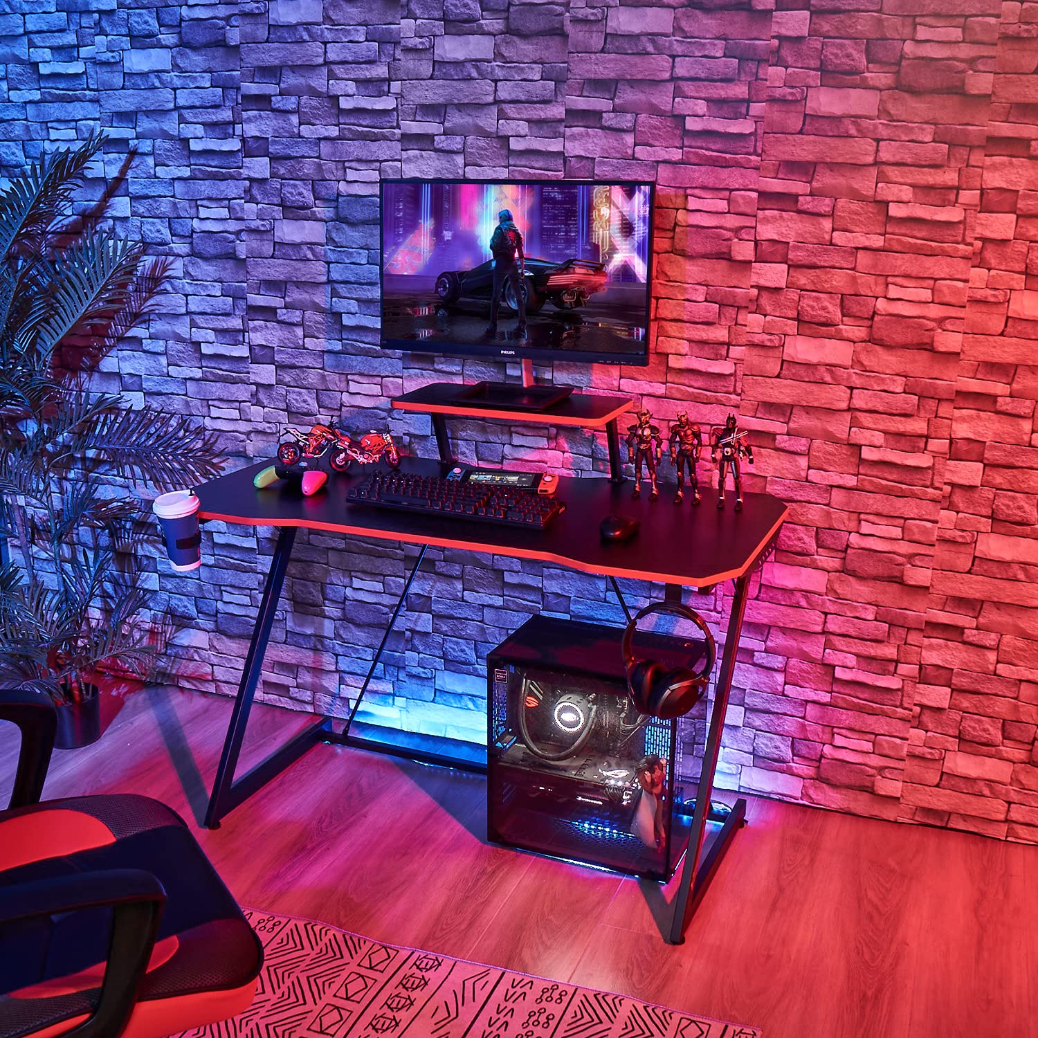 47-inch Z-Shaped Multifunctional Gaming Desk - Ergonomic Computer Desk for Home Office & Gaming with Headphone Hook & Cup Holder - Perfect for PC Gaming, Remote Work & Study Setup
