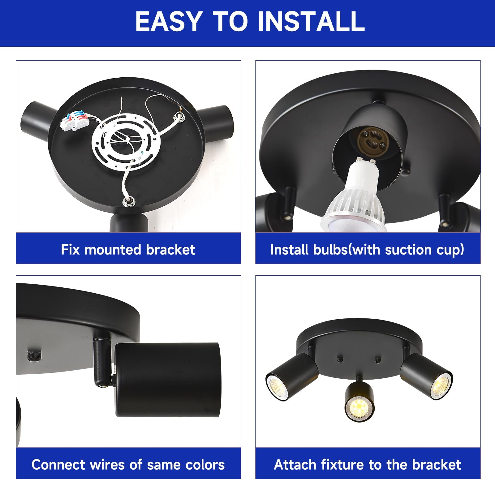 EGM Adjustable 3-Light Black Round Track Ceiling Spotlight - GU10 Flush Mount Directional Lighting Fixture for Kitchen, Bedroom, Office & Picture Wall - Perfect for Modern Home & Commercial Spaces (Black 3-Light)