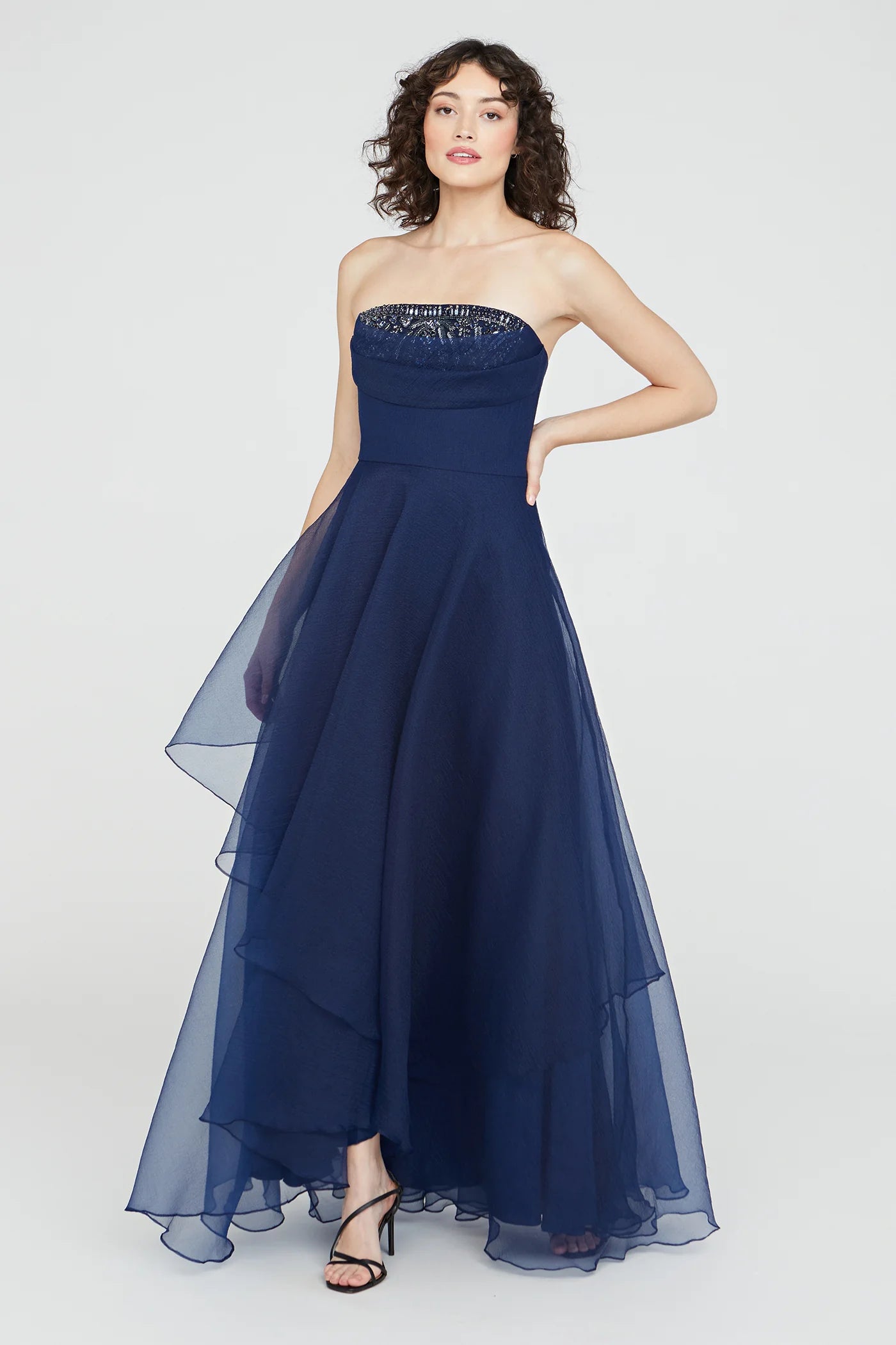Elegant Aubrey Asymmetric Organza Evening Gown in Navy Blue - Perfect for Prom, Wedding Guest & Formal Events