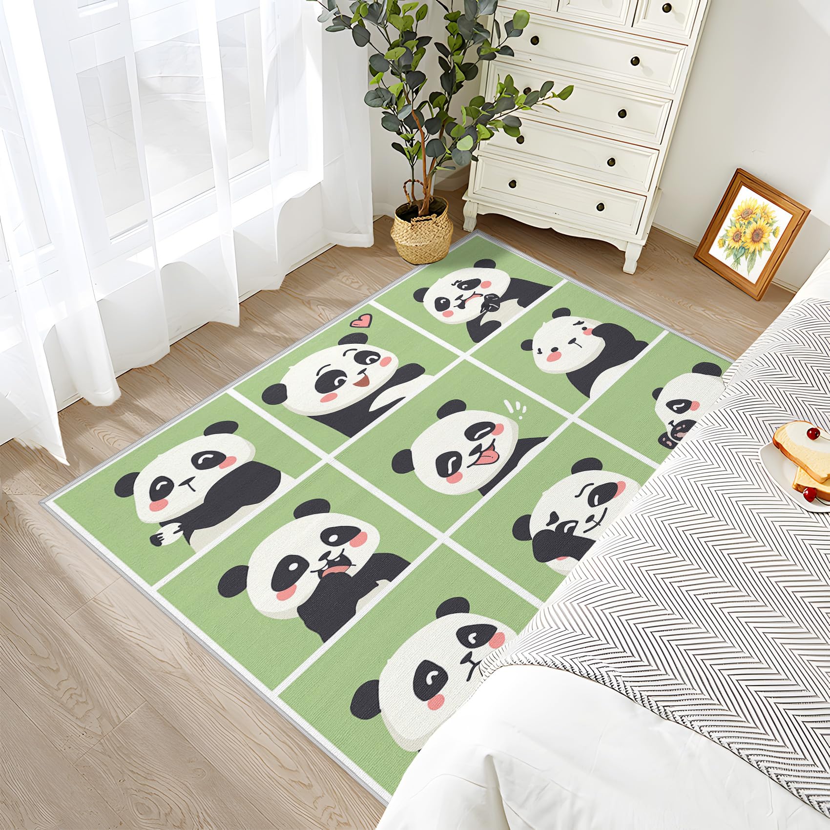 SherAvant 5x6 Panda Area Rug for Kids Room - Cute Cartoon Animal Nursery Rug, Kawaii Green Playroom Carpet - Soft Baby Floor Mat & Panda-Themed Home Decor Gift (Perfect for Nursery, Playroom, Bedroom Decor)