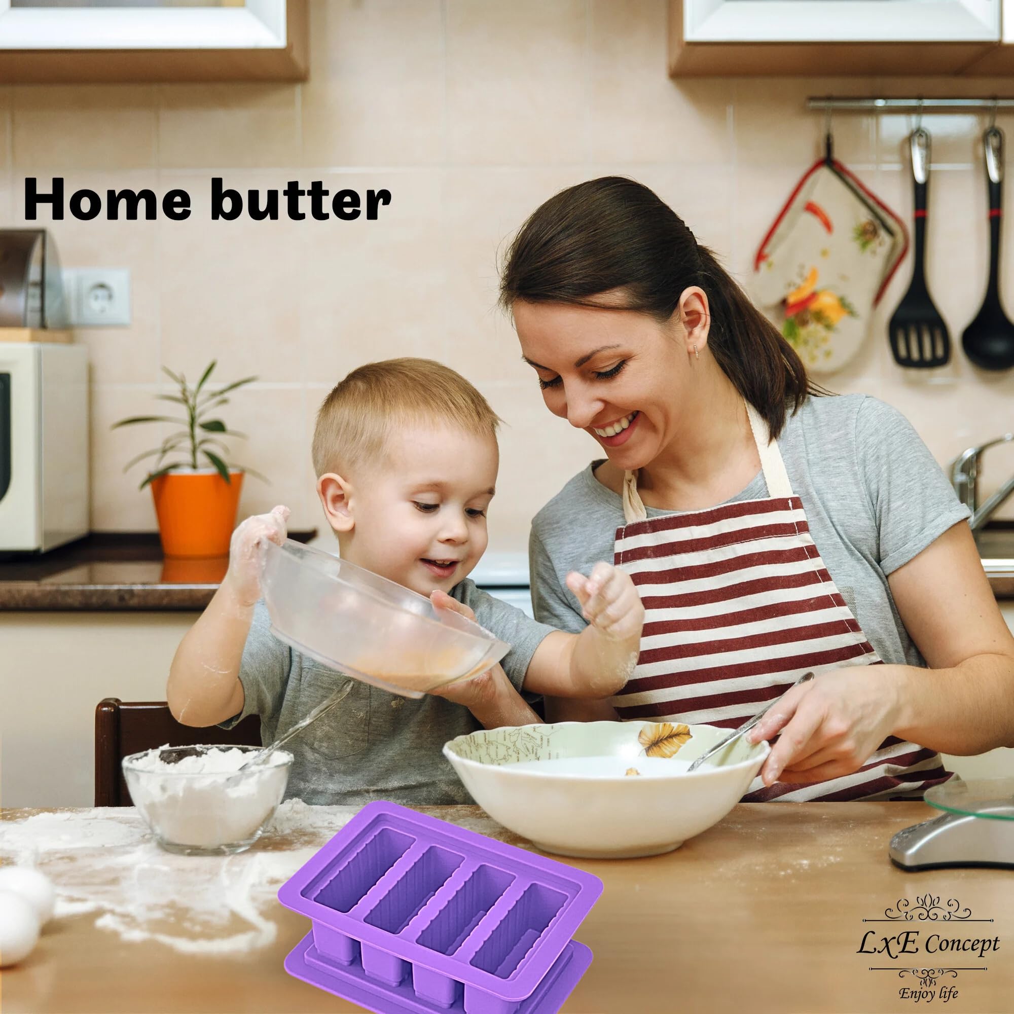 Silicone Butter Molds with Lid & Spatula - 4 Stick Forms for Herb Butter, Baking, Candles & Cookies | Reusable Purple Butter Tray for Kitchen, DIY Gifts & Party Decorations