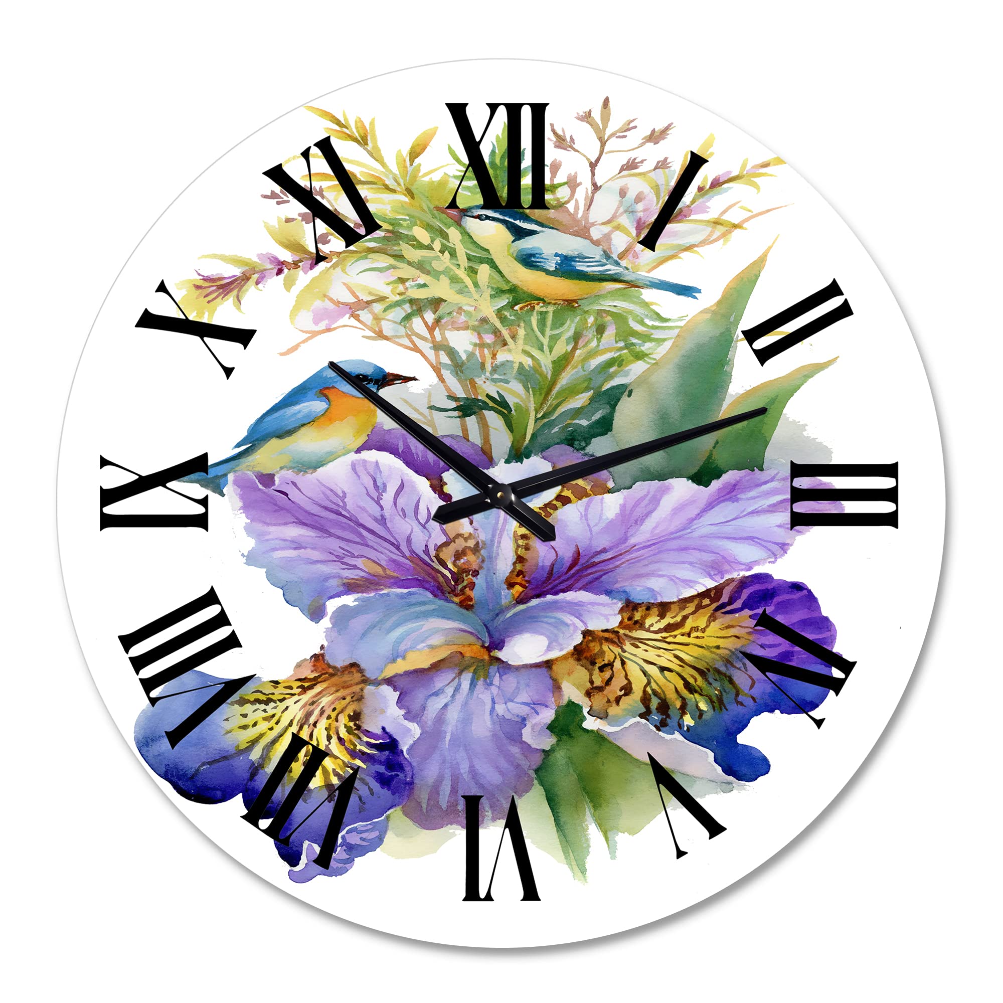 Large Purple Iris with Birds Wall Clock - Floral & Botanical Decor for Living Room, Bedroom, Office | Silent Non-Ticking Modern Home Décor