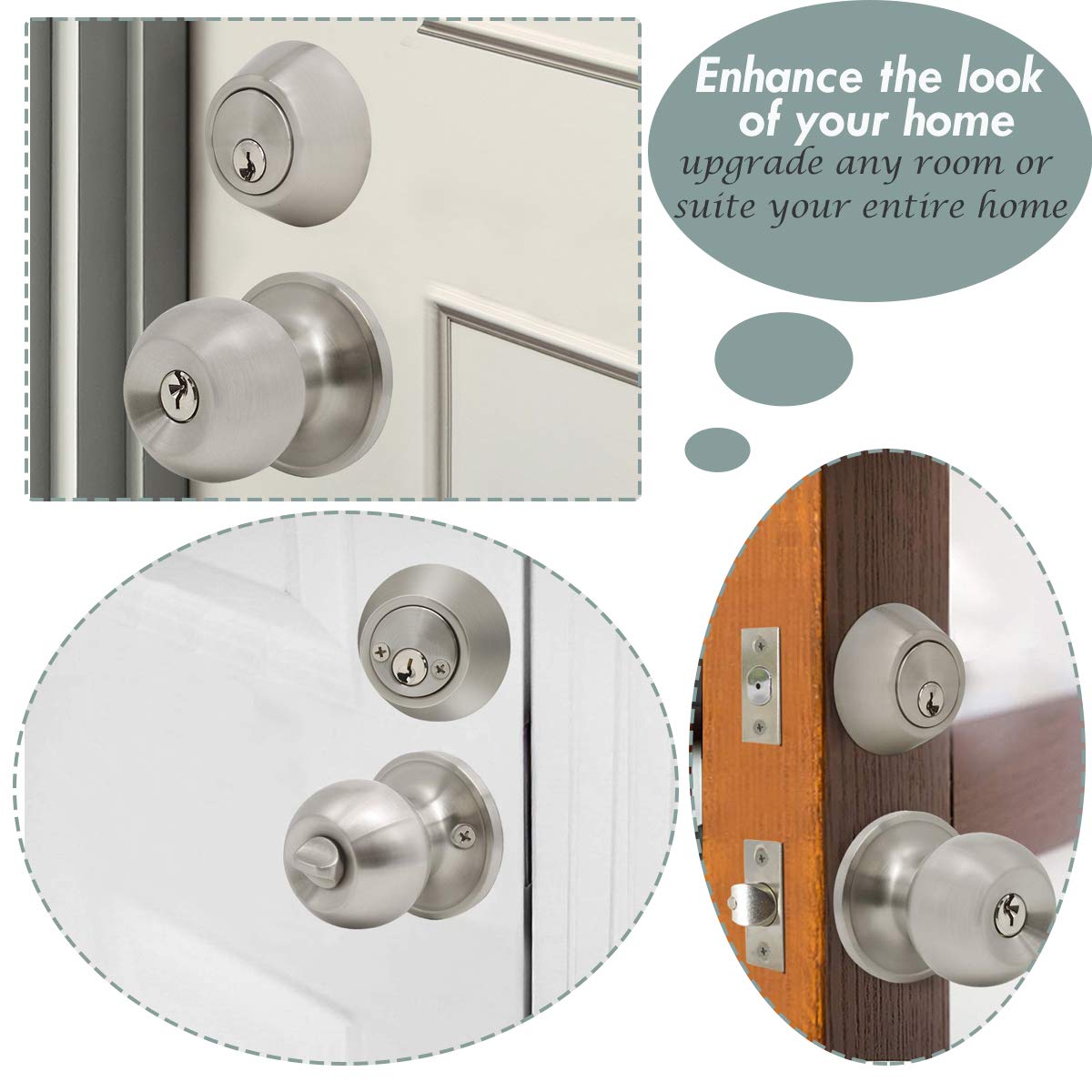 5 Pack Keyed Alike Entry Door Knobs & Deadbolt Lock Set - Satin Nickel Finish, Double Cylinder Security, Round Style Knob for Home & Office Doors | Ideal for Front Door, Bedroom, Bathroom & Interior Doors