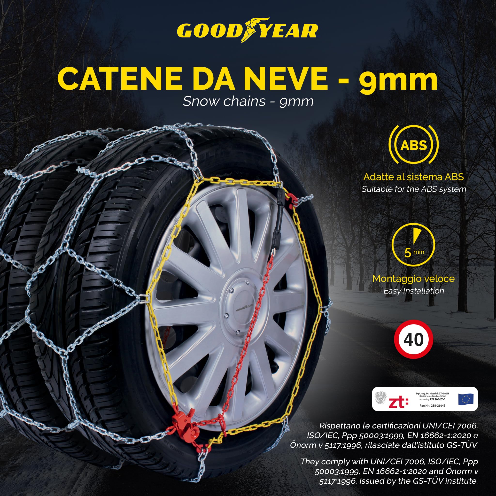 Goodyear 77900 G9 9mm Car Passenger Snow Chains - TUV & ONORM Approved (Size 020) - Winter Traction for Cars, SUVs & Light Trucks in Snowy Conditions