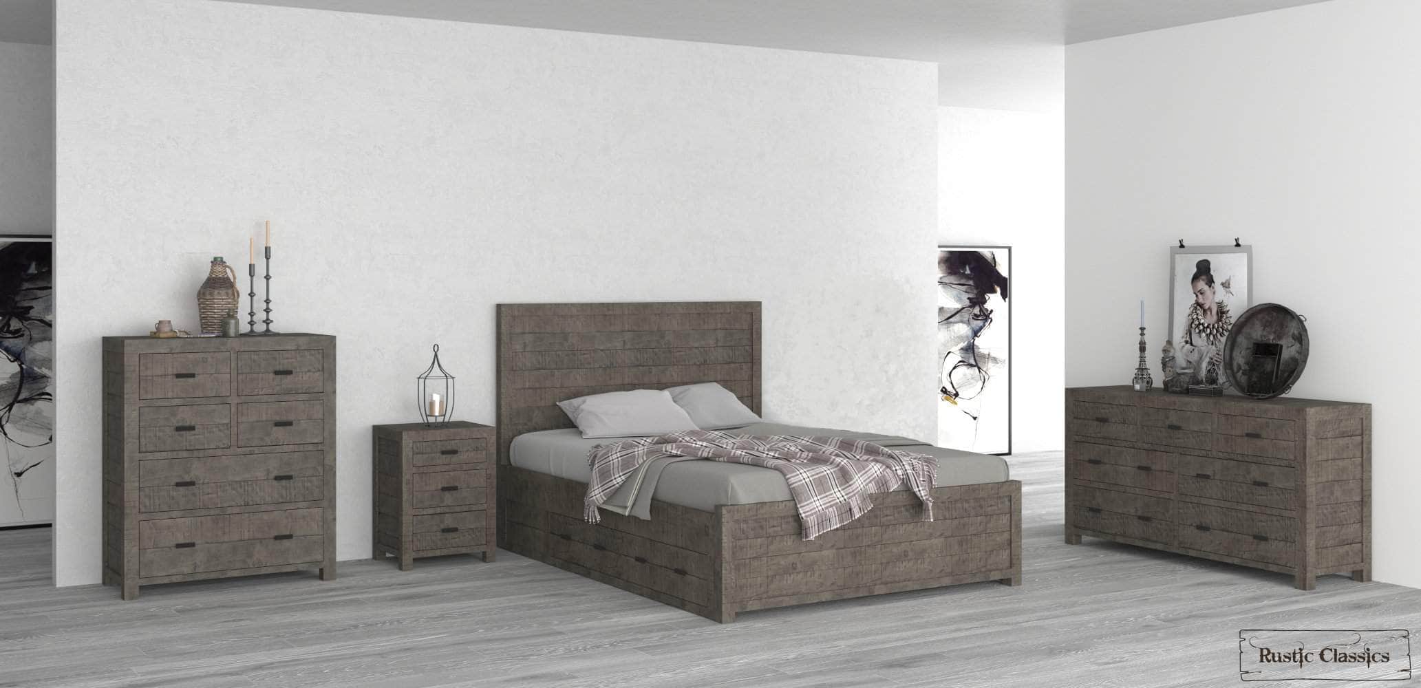 Whistler 4-Piece Reclaimed Wood Storage Platform Bedroom Set in Grey - Queen & King Size Options | Space-Saving Bedroom Furniture for Small Apartments & Modern Homes