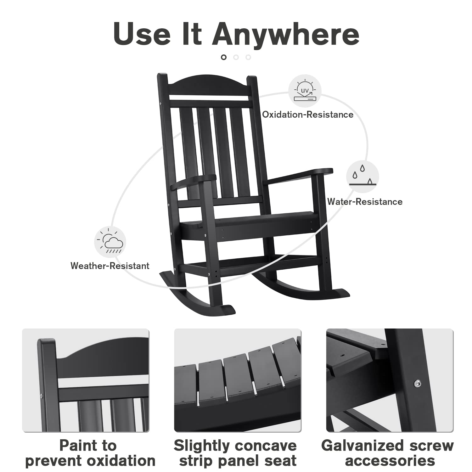 Devoko All-Weather Resin Rocking Chair - High Back Patio Rocker for Outdoor & Indoor Use - Perfect for Backyard, Garden, Porch, and Balcony Relaxation (Black)