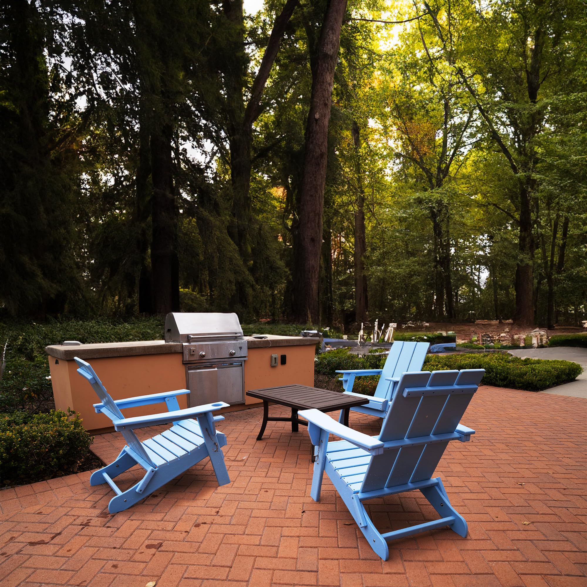 ResinTeak Folding Adirondack Chair with Cup Holder - Extra Wide Comfort Seat, Outdoor Patio Furniture for Backyard, Deck, Poolside & Fire Pit - Newport Collection (Blue) - Perfect for Relaxing, Sunbathing & Outdoor Gatherings