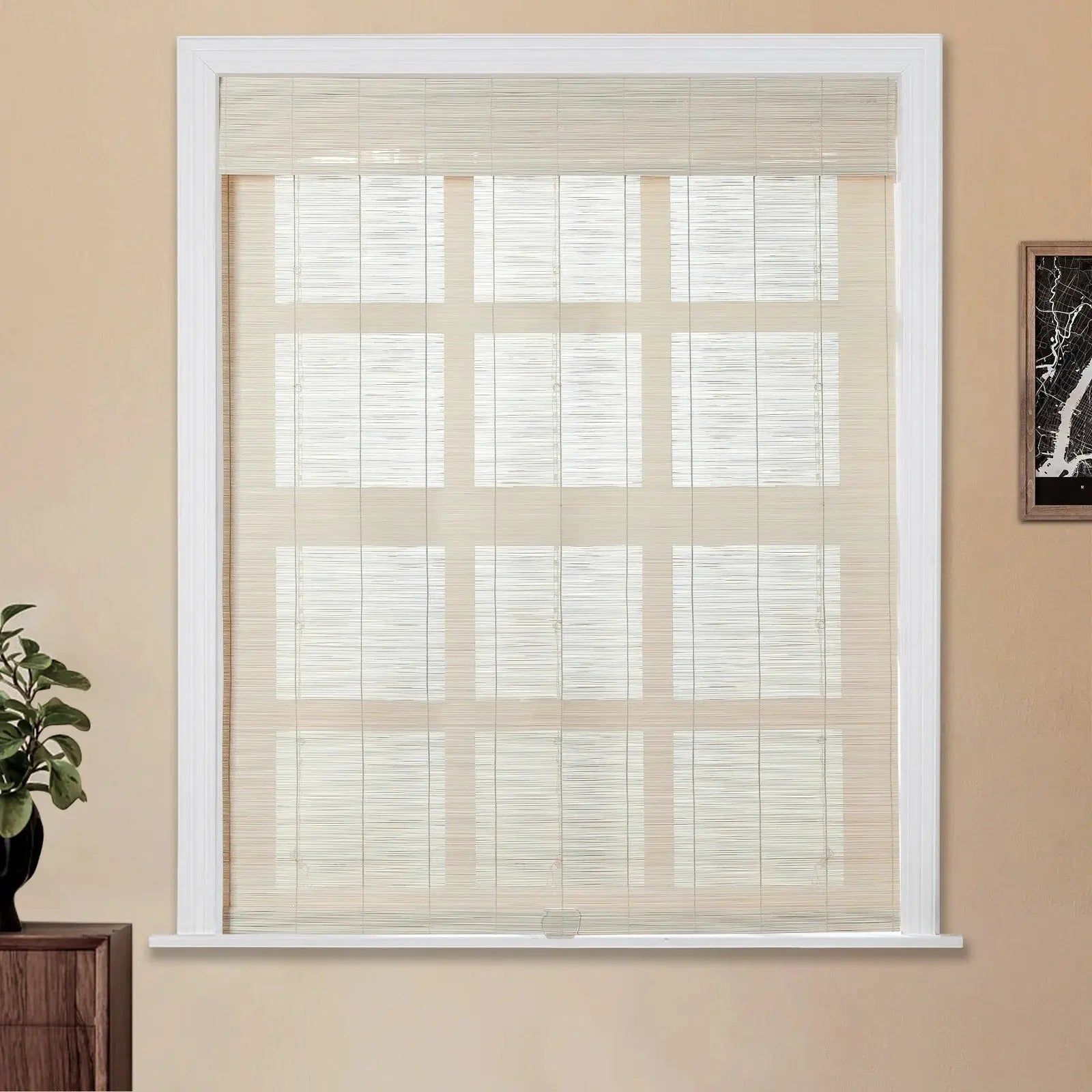 Sybil Bamboo Roman Shade - Pearl White | Natural Eco-Friendly Window Treatment for Living Room & Bedroom | Light Filtering & Privacy Solution