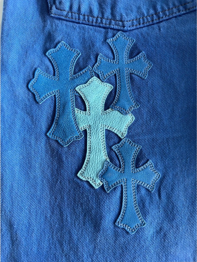 Chrome Hearts x Levi's London Exclusive Blue Dyed Cross Patch Denim Jeans for Men - Stylish Vintage Designer Pants for Casual Wear & Street Fashion