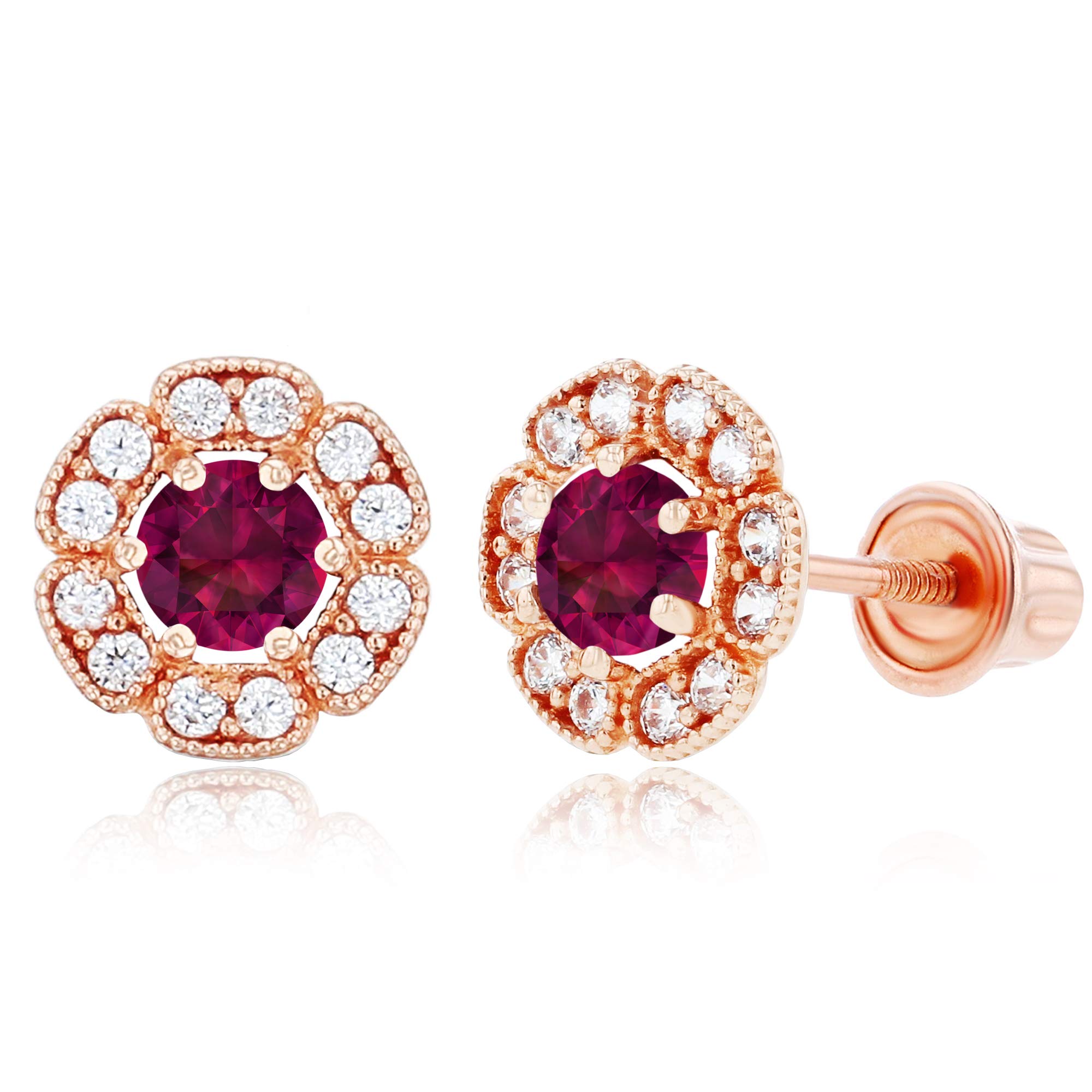 14K Gold 6mm Natural Birthstone Flower Screwback Stud Earrings for Women | 7mm Round Birthstone | 1mm White Sapphire Flower Earrings | Perfect for Birthdays, Anniversaries & Gifts