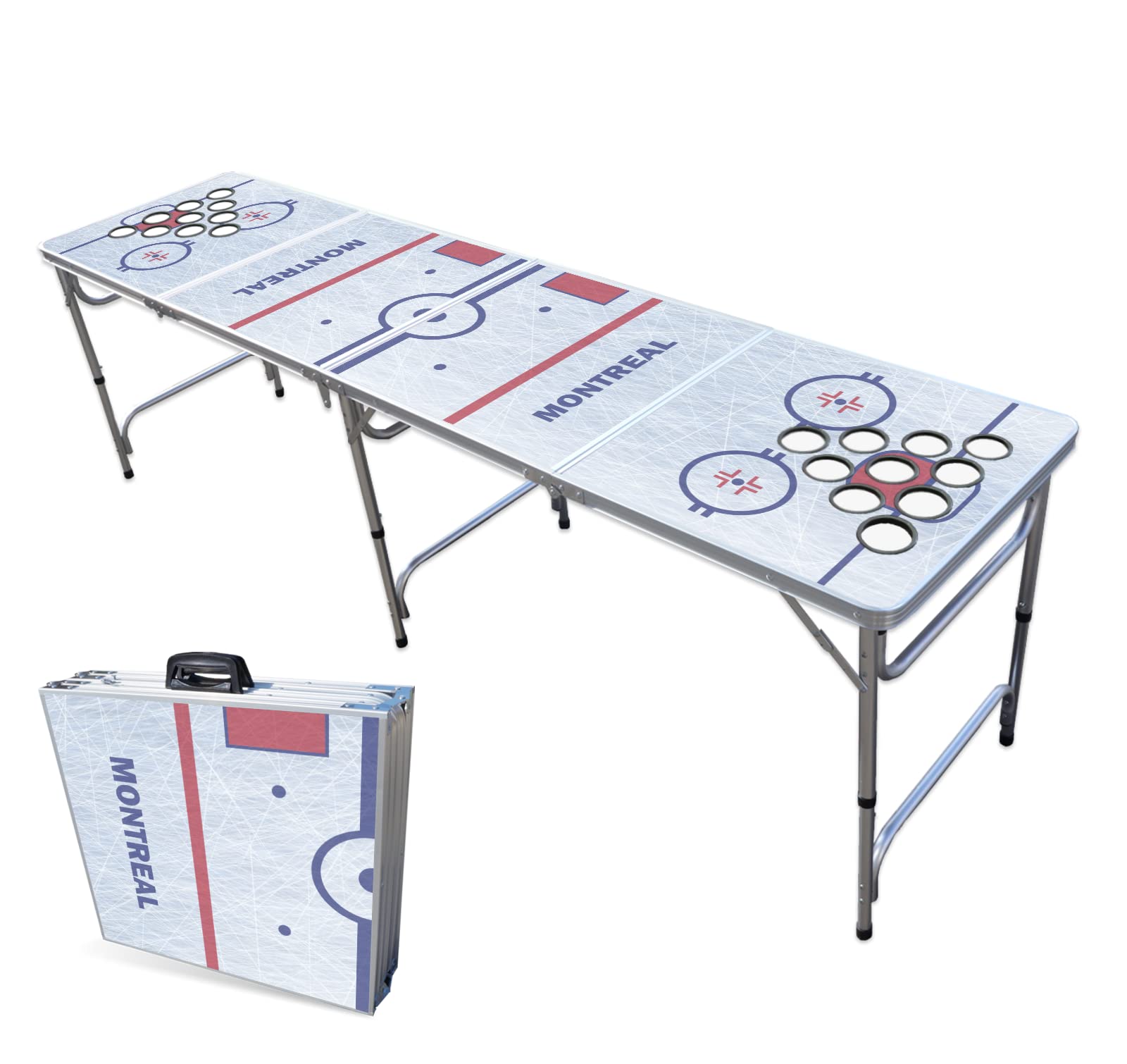 PARTYPONG 8-Foot Folding Portable Beer Pong Table with Optional Cup Holes & LED Lights - Montreal Hockey Rink Design - Perfect for Parties, Tailgates & College Events (Choose Your Model)