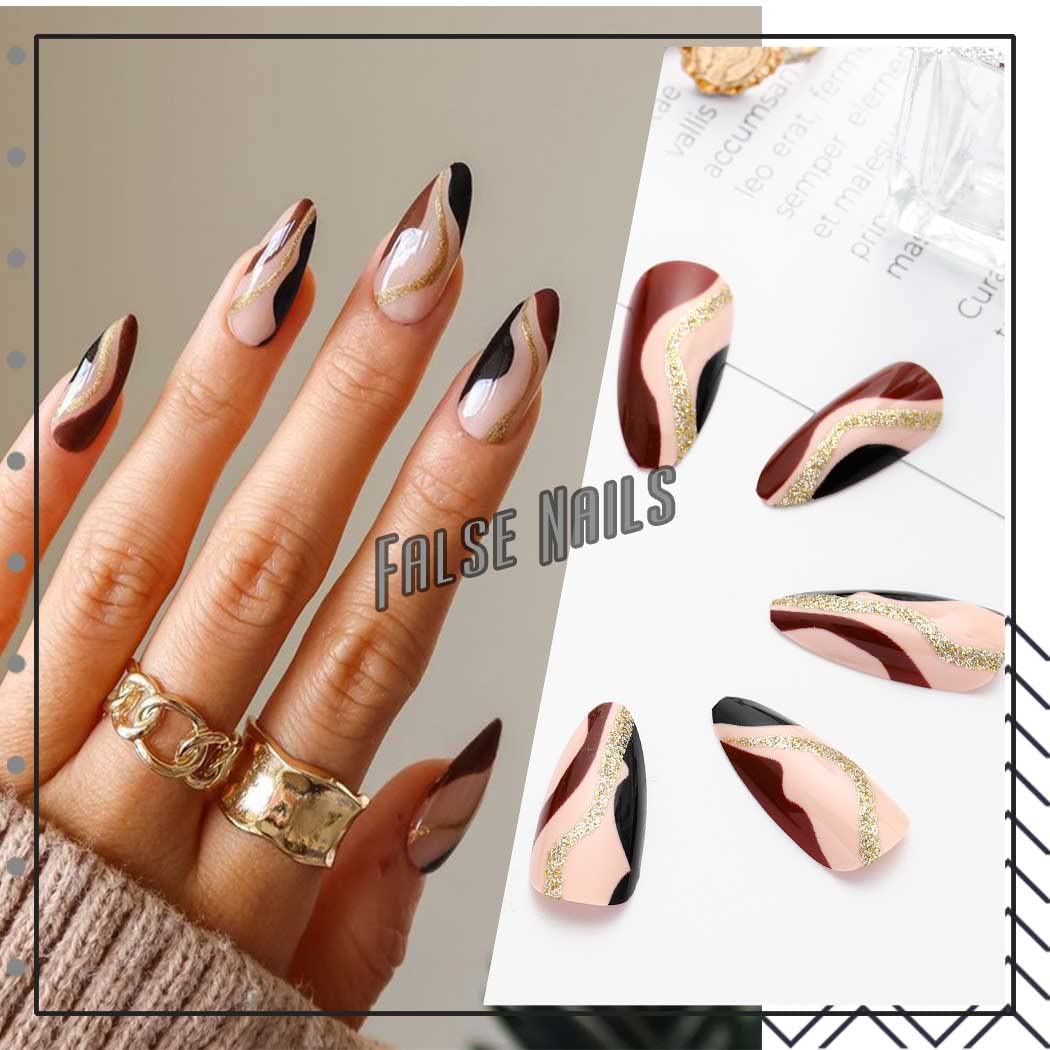 Almond Shape Press on False Nails - Brown Glossy Medium Length Fake Nails with Abstract Stripes Design - 24PCS Acrylic Nail Art Kit for Manicure & Decoration | Perfect for Parties, Weddings & Everyday Wear