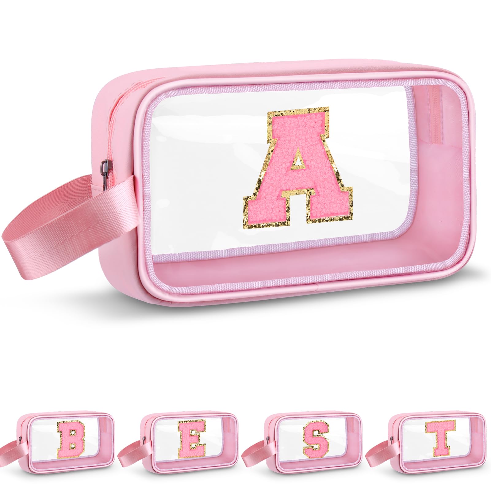 Personalized Monogrammed Makeup Bag Letter A - Cute Clear Cosmetic Travel Organizer for Women & Girls, Waterproof Toiletry Pouch for Beach, Gym, Travel & Daily Use - Pink Aesthetic Design