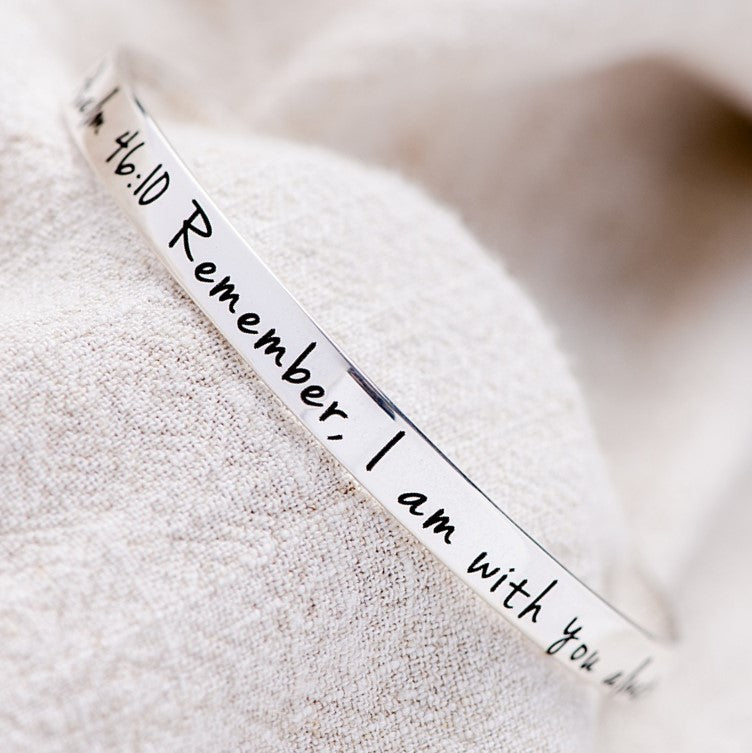 Sterling Silver Scripture Bangle Bracelet - Be Still Psalm 46:10 & With You Always Matthew 28:20 - Inspirational Christian Jewelry for Women, Gift for Baptism, Confirmation, or Daily Faith Encouragement