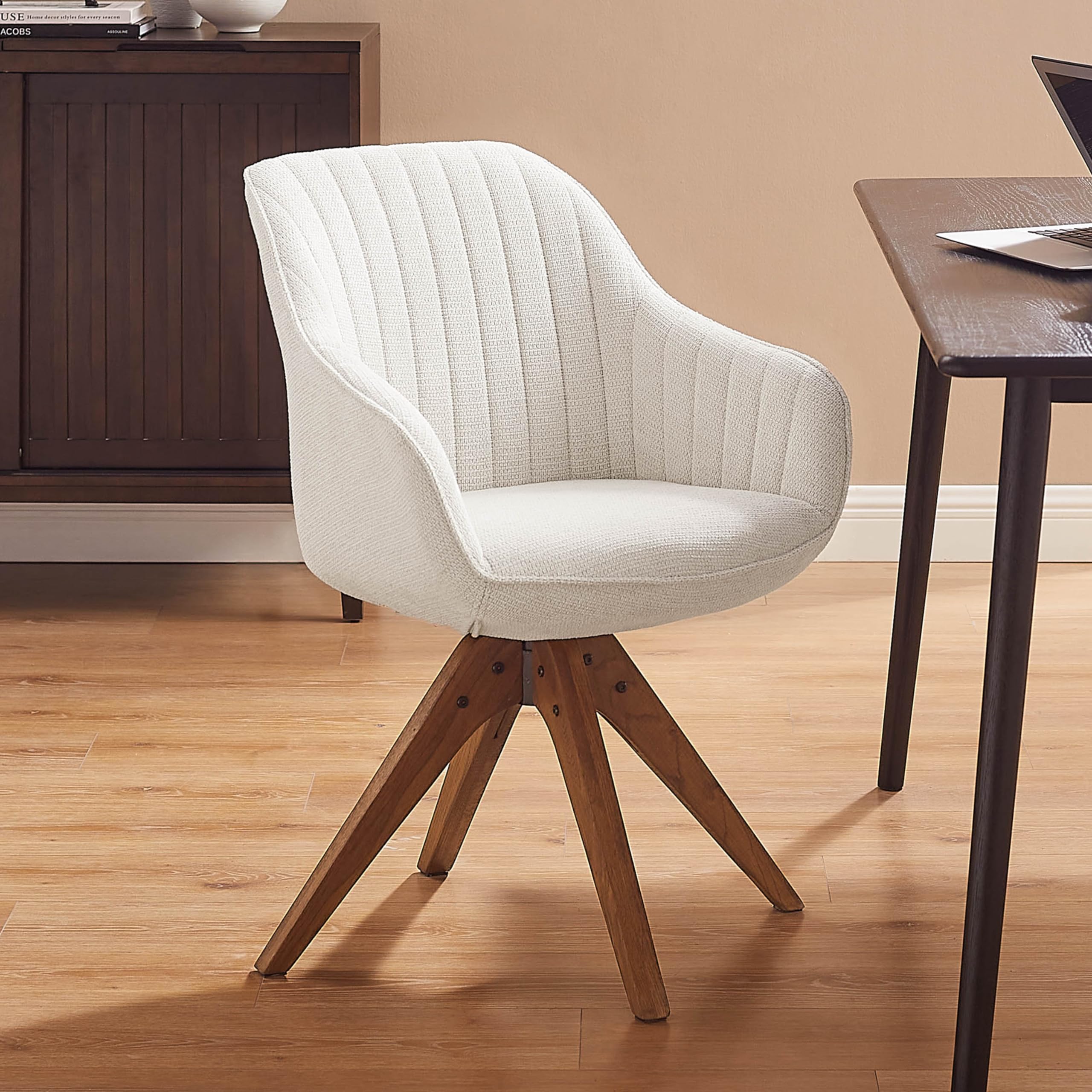 Art Leon Mid Century Modern Office Chair - No Wheels, Swivel Accent Chair with Oak Wood Legs & Fabric Upholstery in Ivory | Perfect for Home Office, Study Room & Reading Nook