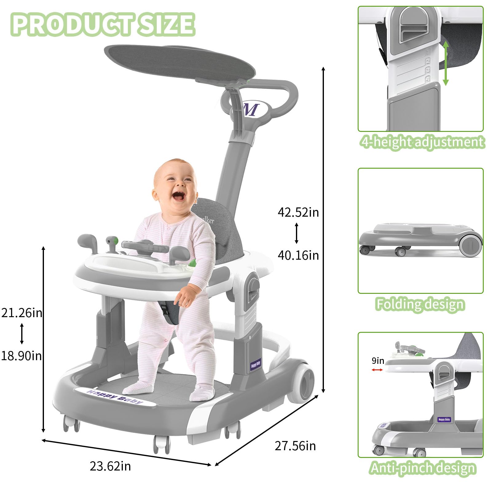 **Foldable Baby Walker with Wheels - 5 Modes, Music, Adjustable Height (6-12 Months) | Push Handle, Bouncer, Food Tray & Sunshade | Safe for Boys & Girls (Blue) | Perfect for Learning to Walk & Indoor Play**