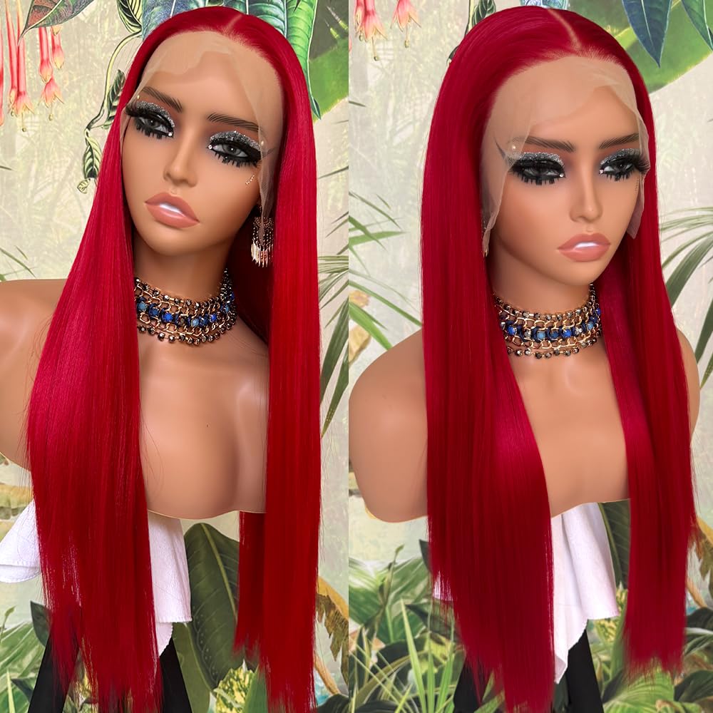QD-Tizer 24 Inch Long Straight Red Synthetic Lace Front Wig for Women - Heat Resistant, Glueless, Natural Hairline | Perfect for Cosplay, Daily Wear & Special Occasions
