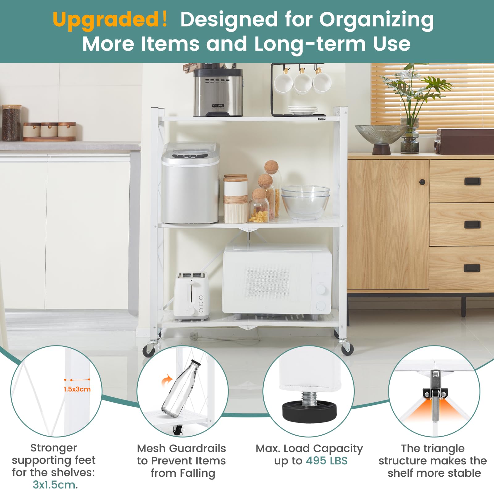 Foldable Metal Storage Shelves with Wheels - 3-Tier White Bookshelf for Kitchen, Office, Laundry & Garage - Easy Assembly Free Organizer for Home Storage & Space Saving
