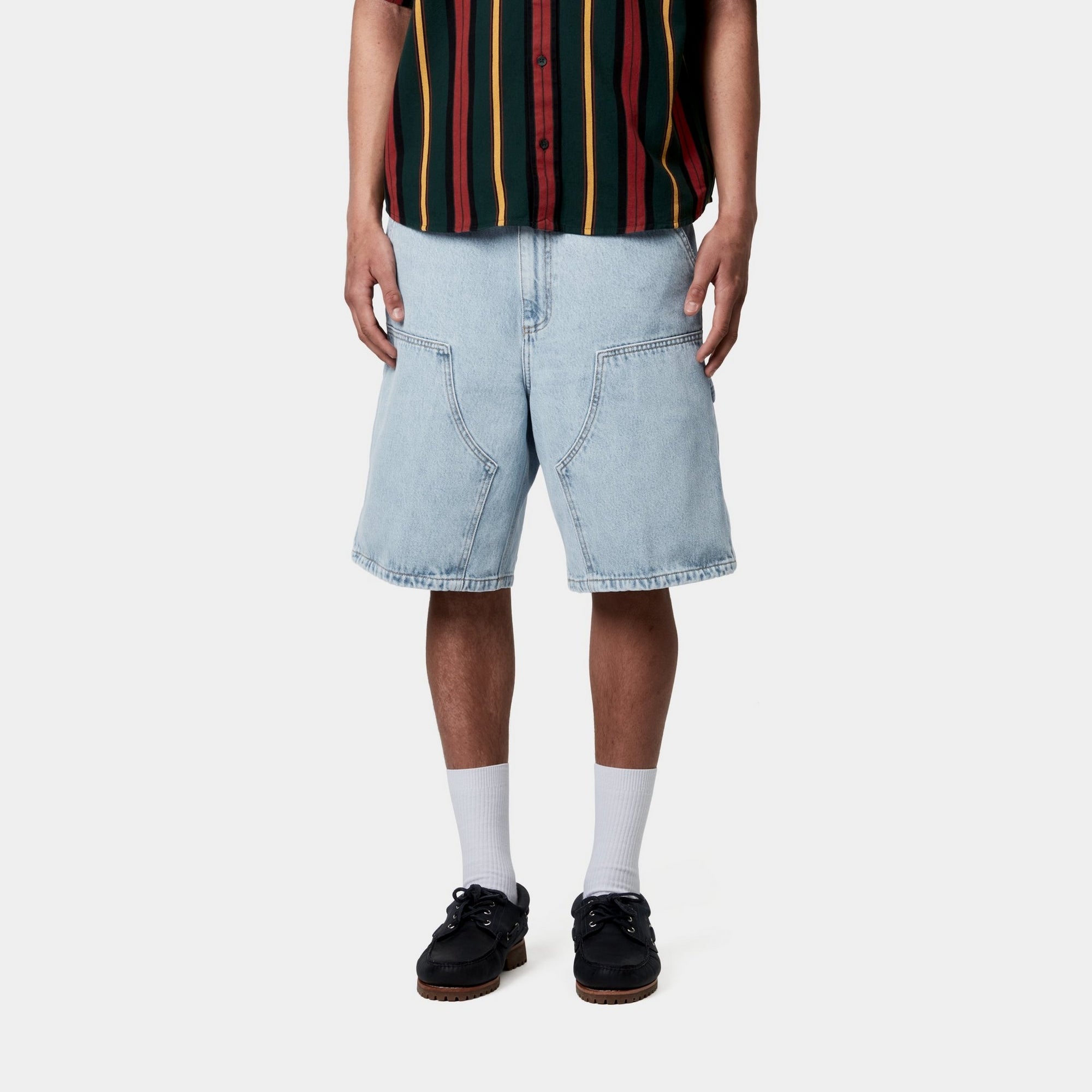 Double Knee Denim Shorts for Men - Heavy Stone Bleached Blue Jeans Shorts | Casual Streetwear, Summer Outfits & Beach Style