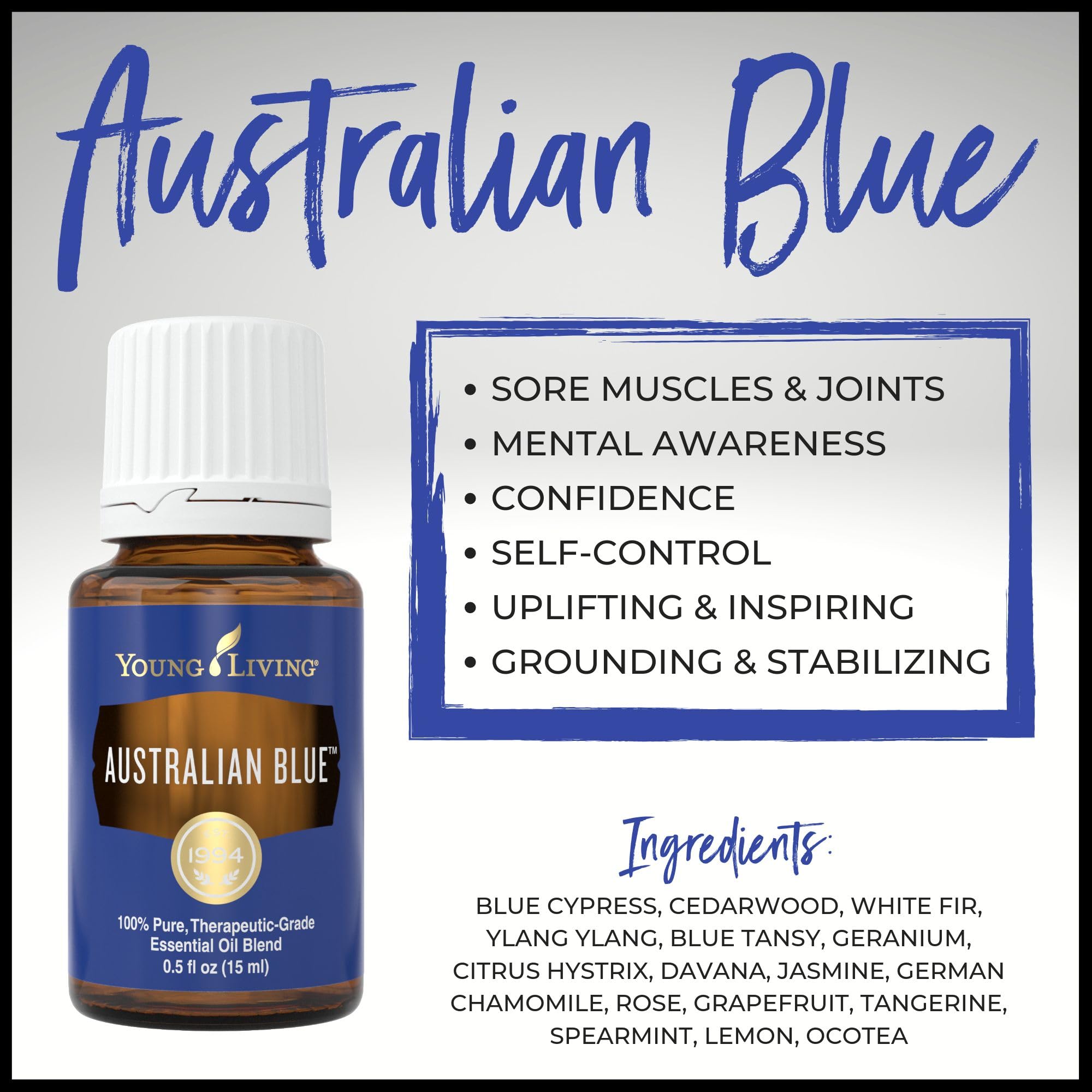 Young Living Australian Blue Essential Oil 15ml - 100% Pure Grounding & Stabilizing Aromatherapy Blend for Meditation, Stress Relief & Emotional Balance | Premium Mix of 16 Oils | Perfect for Diffusers, Massage & Yoga Practice