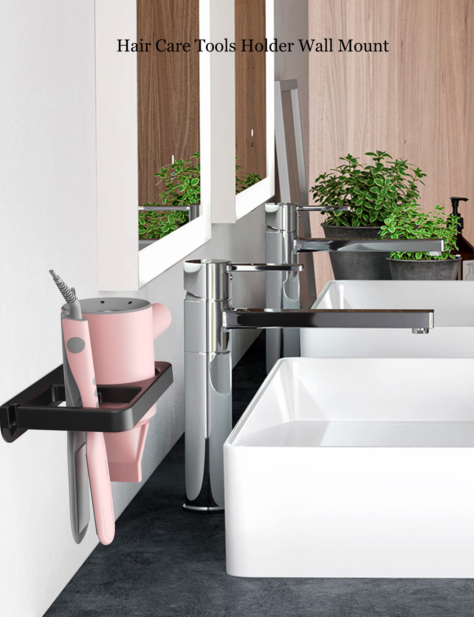 Wall Mount Hair Dryer Holder & Flat Iron Organizer - Black | Space-Saving Bathroom Storage for Blow Dryer, Straightener & Hair Tools | Perfect for Home, Salon & Travel Use