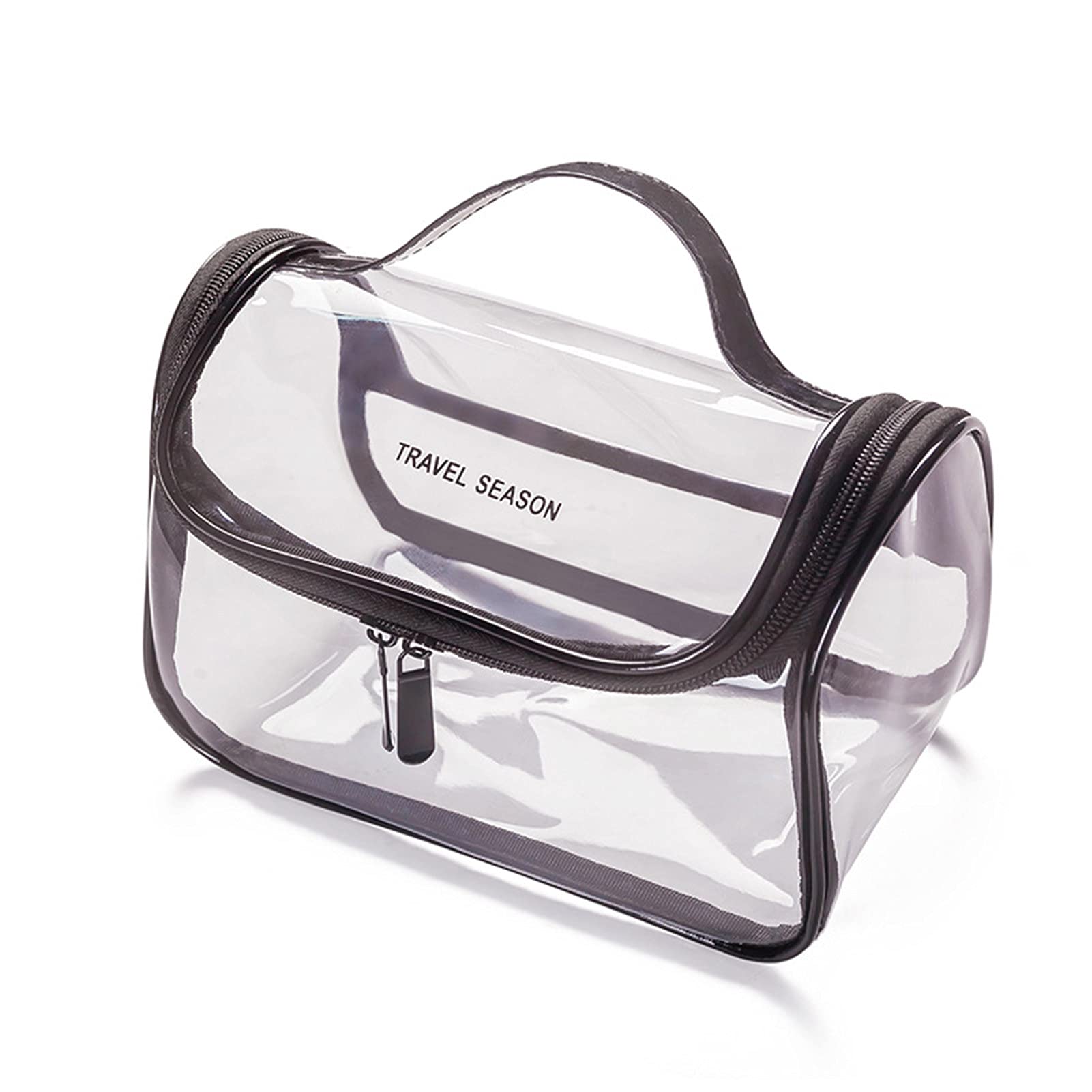 Transparent PVC Travel Toiletry Bag with Handle - Waterproof Makeup Organizer for Cosmetics, Bottles & Bathroom Essentials - Perfect for Air Travel, Gym & Home Organization (Black)