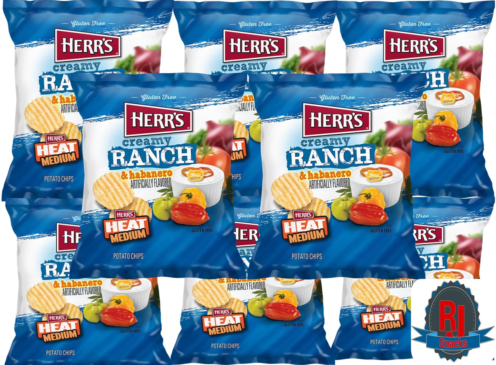 Herr's Creamy Ranch & Habanero Potato Chips - 12 Pack (1 Oz Bags) | Spicy Snack Value Pack for Parties, Movie Nights & Road Trips | RJ Snacks Curated Collection