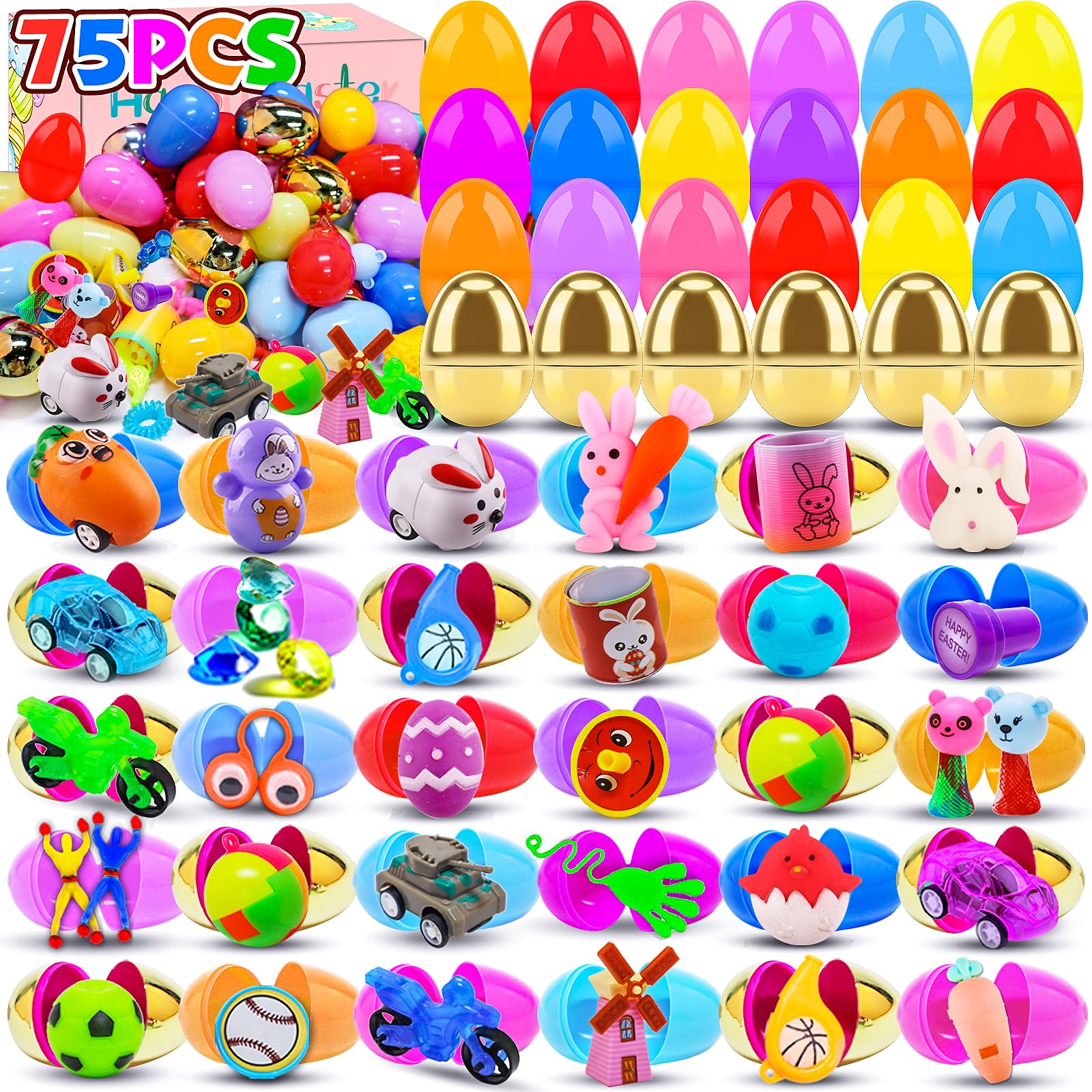 75 PCS Prefilled Easter Eggs with Assorted Toys Inside - Easter Basket Stuffers for Kids, Easter Egg Hunt Prizes, Classroom Rewards & Party Favors - Perfect for Easter Celebrations, School Events & Holiday Gifts