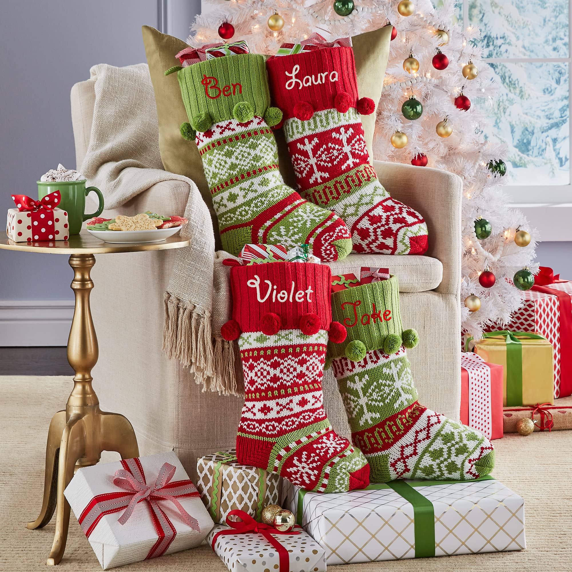 Custom Embroidered Red Snowflake Knit Family Christmas Stockings - Personalized Holiday Decor for Fireplace Mantel & Gift Exchange