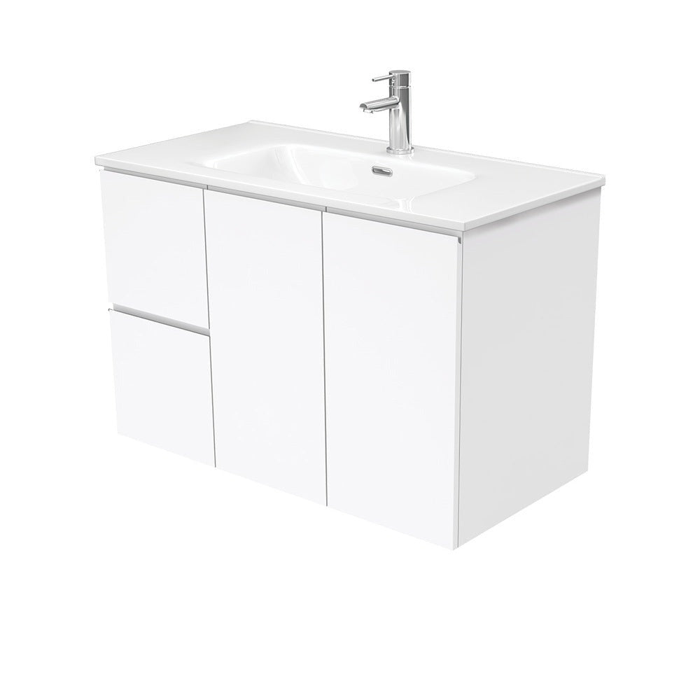Fienza JOL90FL 900mm Wall Mounted Bathroom Vanity with Left Drawers - Gloss White Finish, Modern Finger Pull Design for Small Bathrooms & Powder Rooms