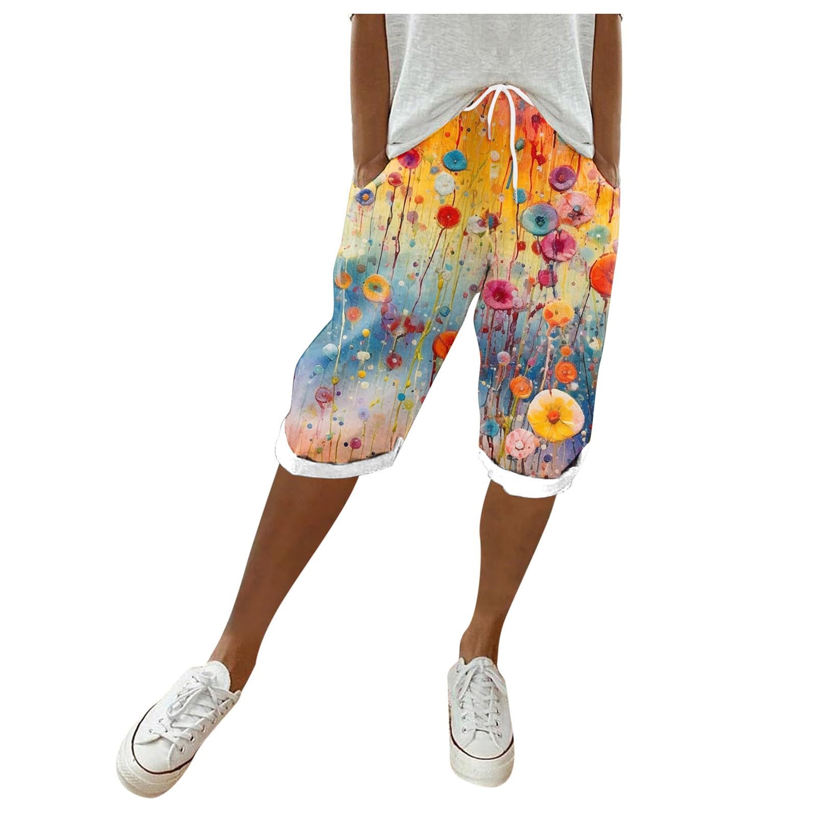 Women's Floral Linen Bermuda Shorts with Pockets - Summer Casual Wear