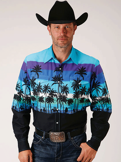 Roper Men's Long Sleeve Western Shirt - 03 001 0421 0306 Blue Plaid Border Design for Beach, Camping & Outdoor Activities