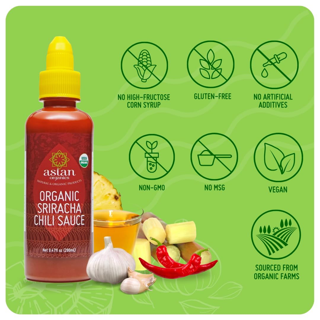 Organic Sriracha Hot Chili Sauce - USDA Certified, Non-GMO, Gluten-Free, No MSG - Authentic Thai Chili Sauce (9.47oz/280mL) - Perfect for Asian Cuisine, Stir-Fries, Noodles & Spicy Food Lovers