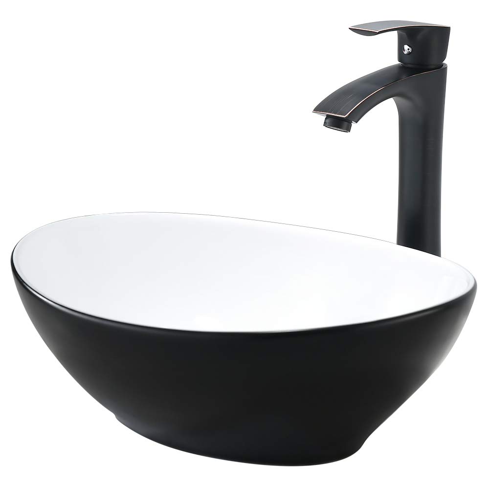 VASOYO 16x13 Inch Matte Black Oval Above Counter Bathroom Vessel Sink & Faucet Set - Porcelain Ceramic Vanity Sink with Pop-Up Drain - Perfect for Modern Bathroom Renovations & Powder Room Upgrades