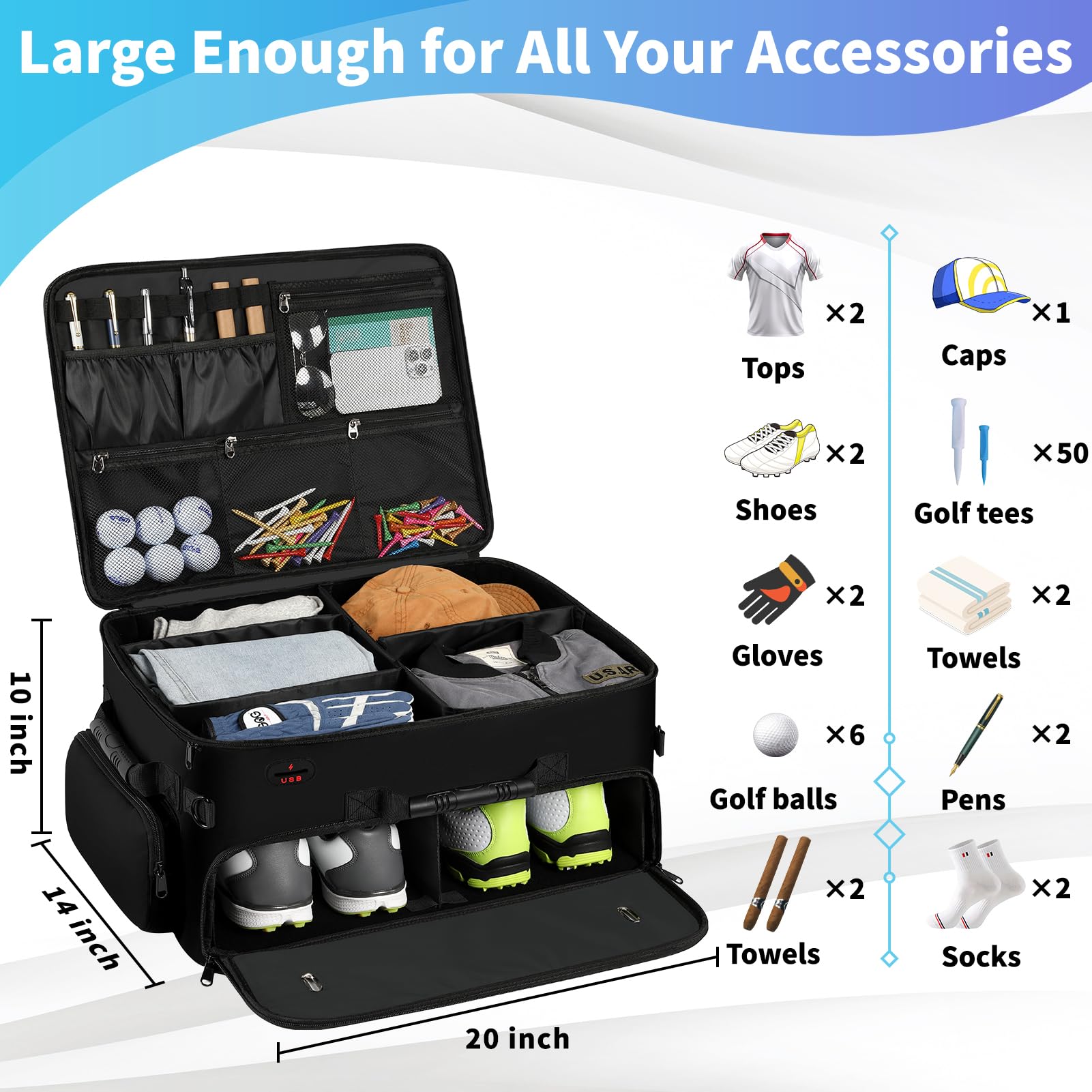 Mogplof Extra Large 2 Layer Golf Trunk Organizer - Water-Resistant Durable Golf Bag for Shoes, Balls, Tees & Accessories (20